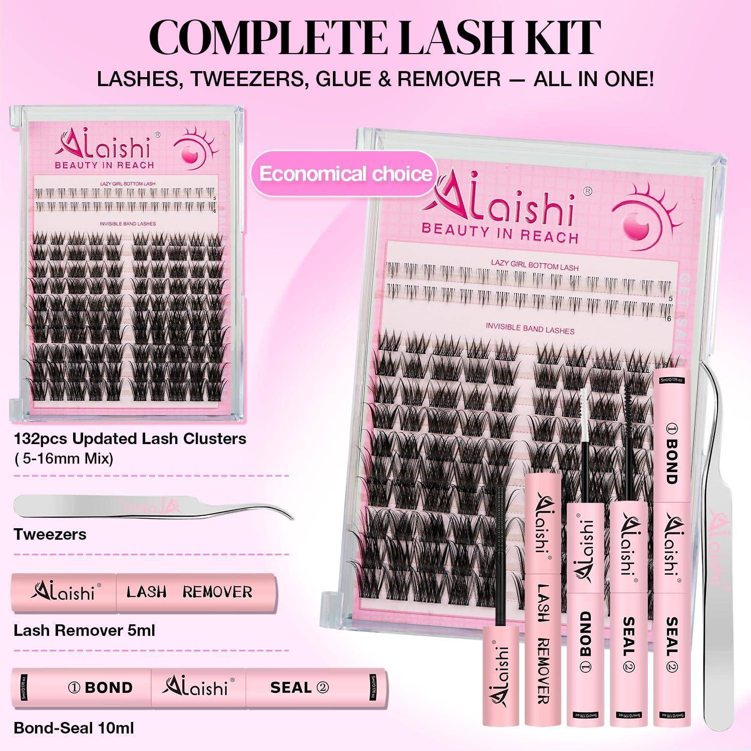 Pink Alashi 'Complete Lash Kit' Verpackung mit 132 Wimpernbündeln, Pinzette, Wimpernentferner, Bond- und Seal-Röhrchen und einem Wimpernablage-Tablett.