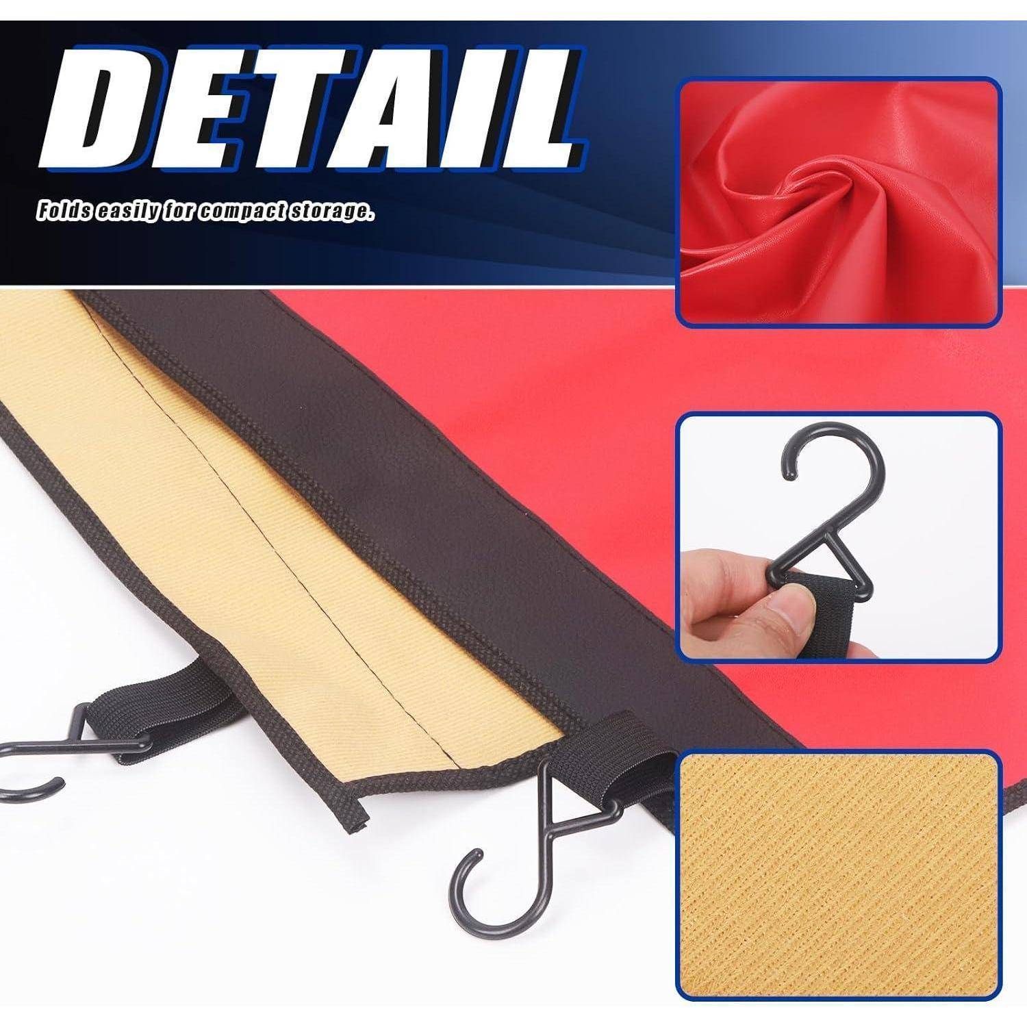 Produktdetailbild eines faltbaren Stoffartikels mit Aufhängehaken, der sich kompakt zum Lagern zusammenfaltet, mit Nahaufnahmen von rotem und gelbem Material und einer Hakenverriegelung.