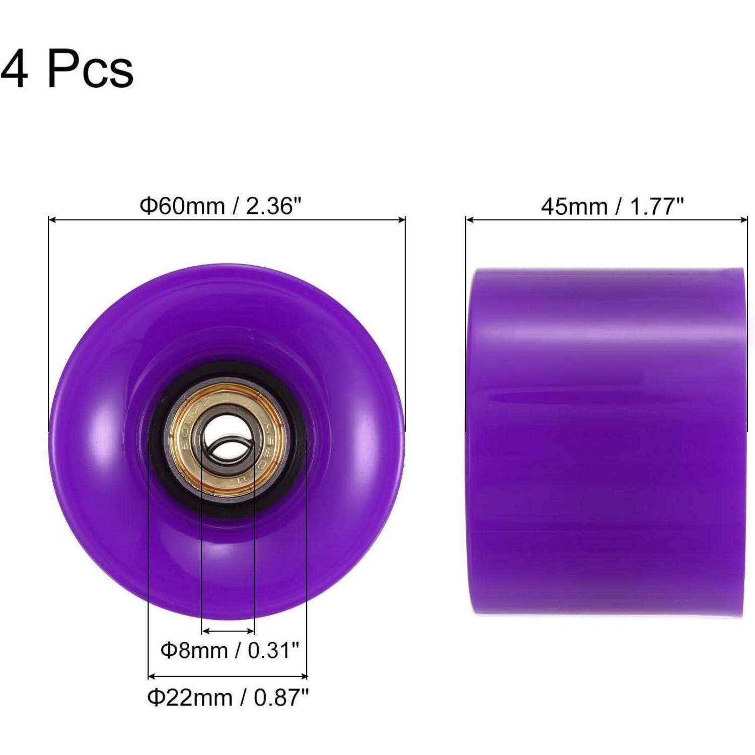 Produktbild von 4 violetten Skateboard-Rädern, zeigt Vorder- und Seitenansichten mit Abmessungen: 60 mm Durchmesser, 45 mm Breite, 8 mm Bohrung, 22 mm Nabe Durchmesser.