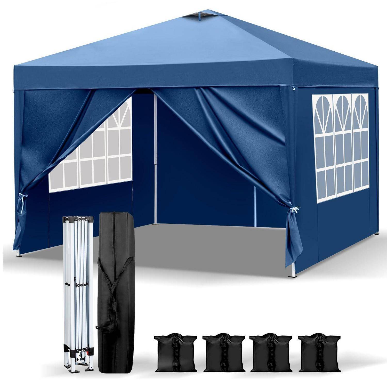 Blaues Pop-up-Baldachindach mit Seitenwänden und Fenster, abgebildet mit zusammengeklapptem Gestell, Tragetasche und vier Sandtaschen zum Verankern.