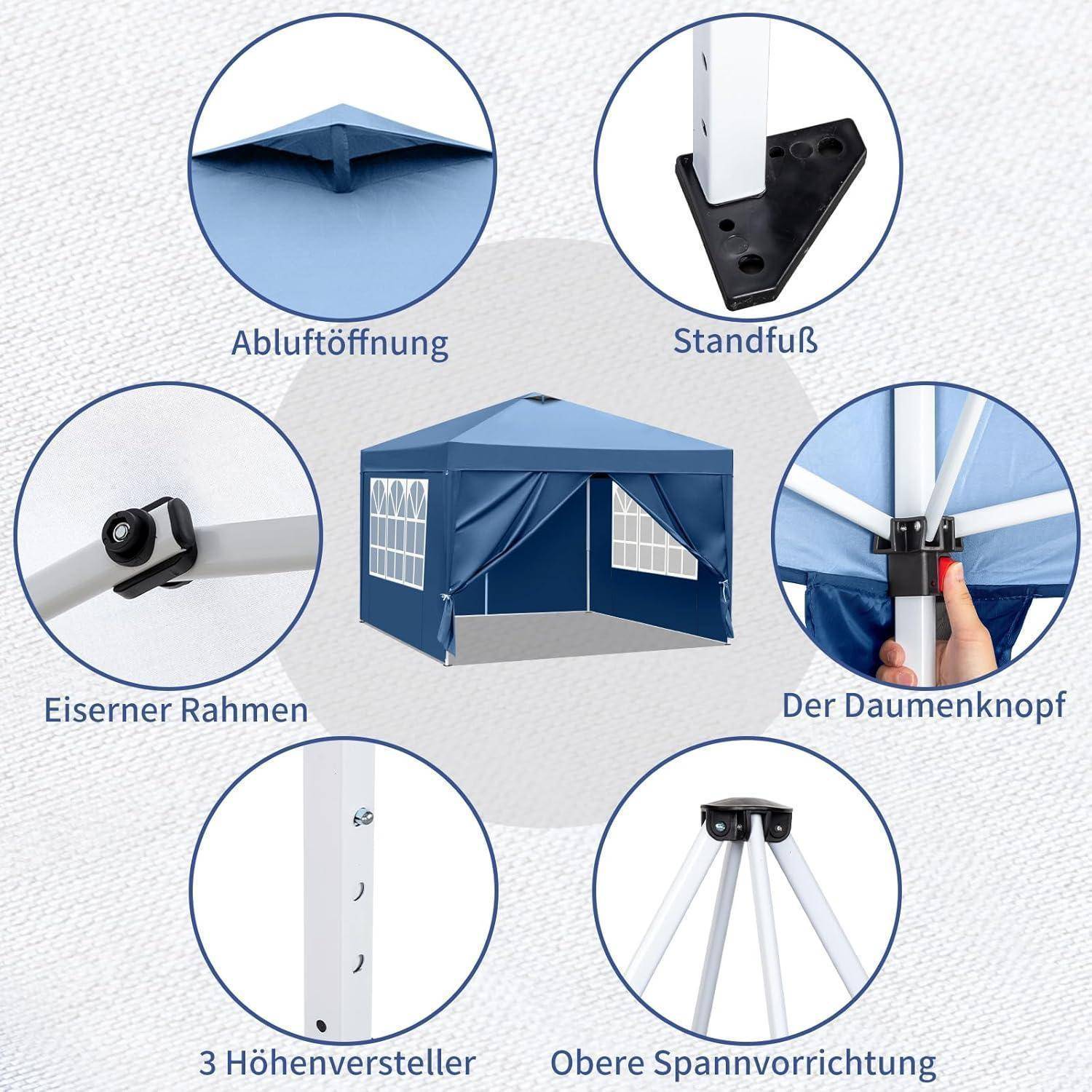 Diagramm eines blauen Popup-Pavillon-Zelts mit hervorgehobenen Funktionen: Dachbelüftung, Standfuß, Eisenrahmen, Daumenschloss, 3 Höheneinstellungen und oberes Spanngerät.