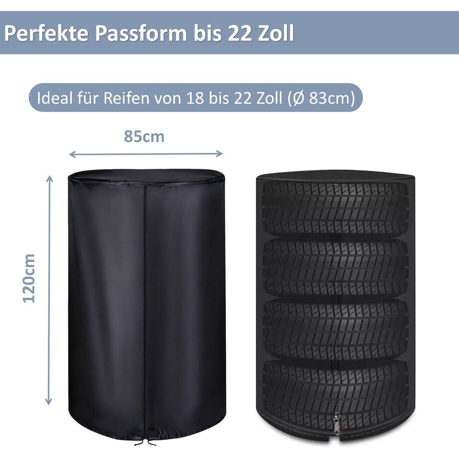 Produktdiagramm einer Reifenschutzabdeckung in Größe für 18-22 Zoll Reifen, mit Abmessungen von 85 cm Breite und 120 cm Höhe und einem Reißverschluss am unteren Ende.