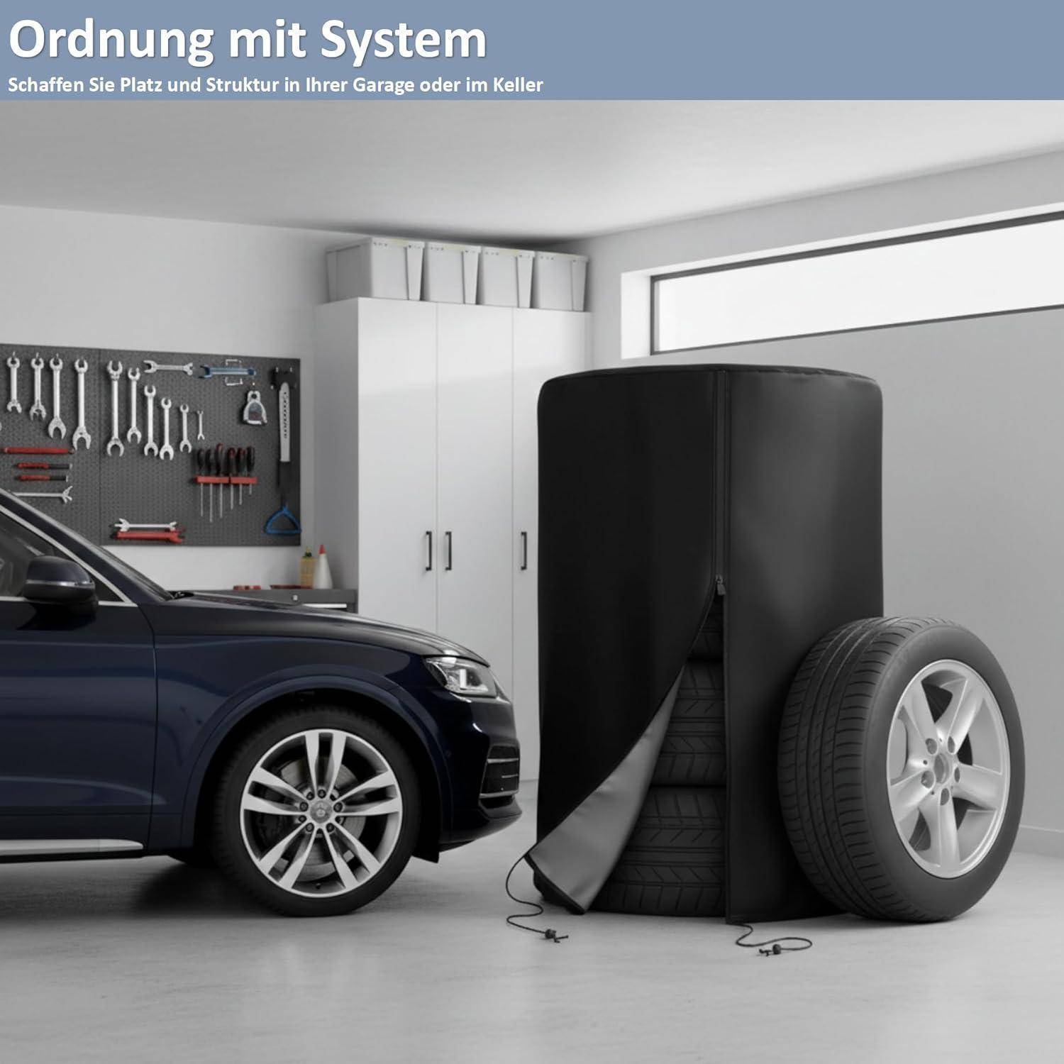 Garagenlagerszene mit einem Auto, Wandwerkzeugen und einer schwarzen Reifenabdeckung zum Lagern gestapelter Reifen; Text sagt „Ordnung mit System" und „Schaffen Sie Platz und Struktur in Ihrer Garage oder im Keller"".