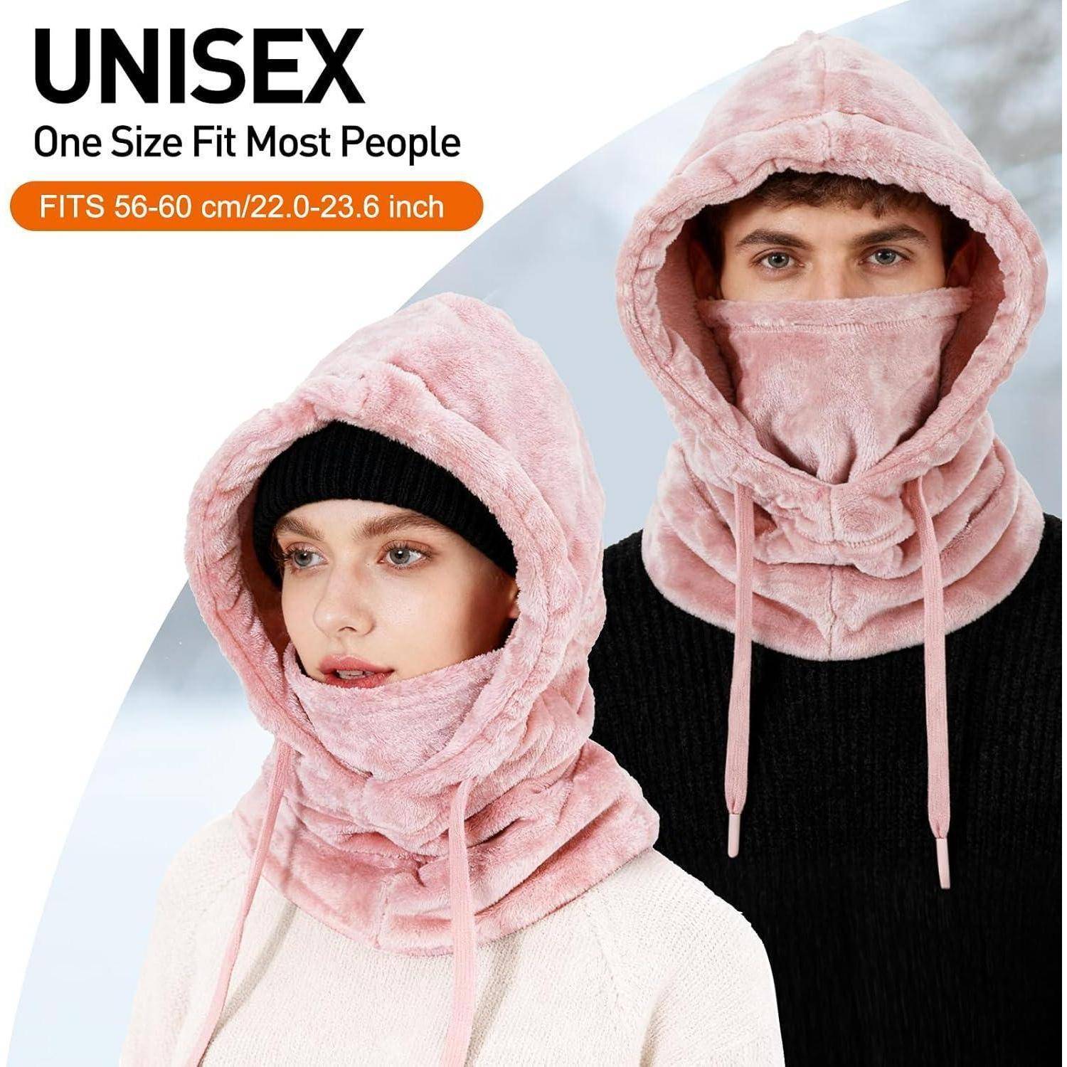 Produktbild zeigt ein unisex rosa Kapuzen-Gesichtsschutz-Schal-/Hutset, modelliert von einer Frau und einem Mann; der Text besagt „One Size Fit Most People