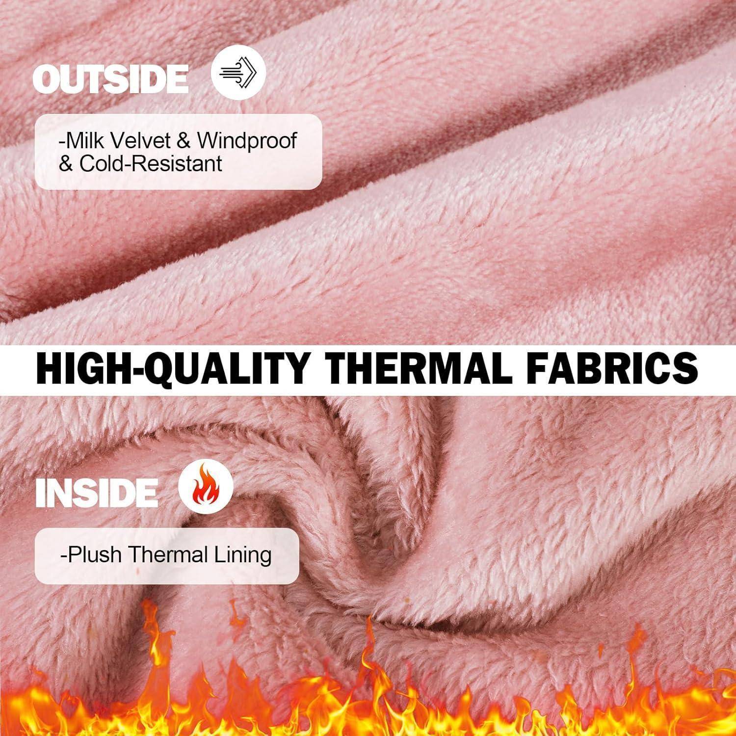 Infografik über hochwertige Thermalstoffe: Die Außenseite besteht aus Milchsamtvelours, die windabweisend und kälteresistent ist; die Innenseite hat ein flauschiges Thermofutter für Wärmeschutz.
