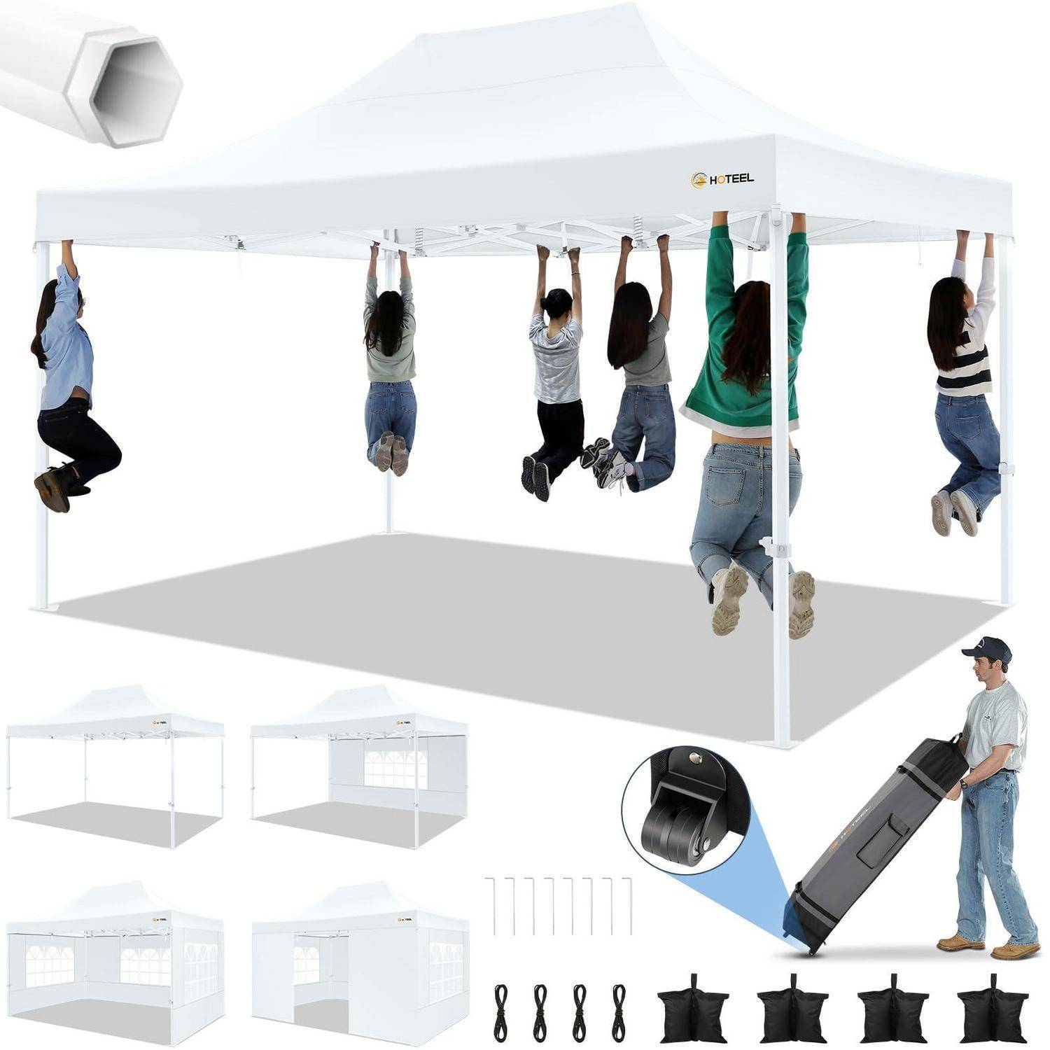 Werbebild eines weißen 10x10-Pop-up-Baldachins mit sechs Personen, die am Rahmen hängen, mit dargestellten Aufbauelementen und fahrbarem Transportkoffer.