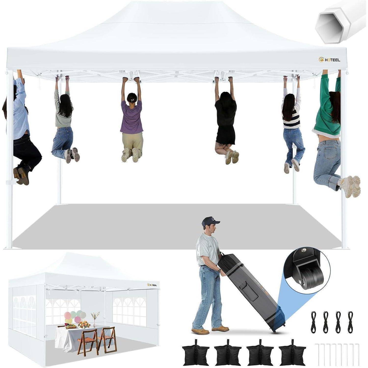 Illustration eines Pop-up-Markisenzeltes mit Personen, die am Gestell hängen, einem Mann, der es in einem Rollkoffer transportiert, und einem gefalteten Zeltzubehörset.