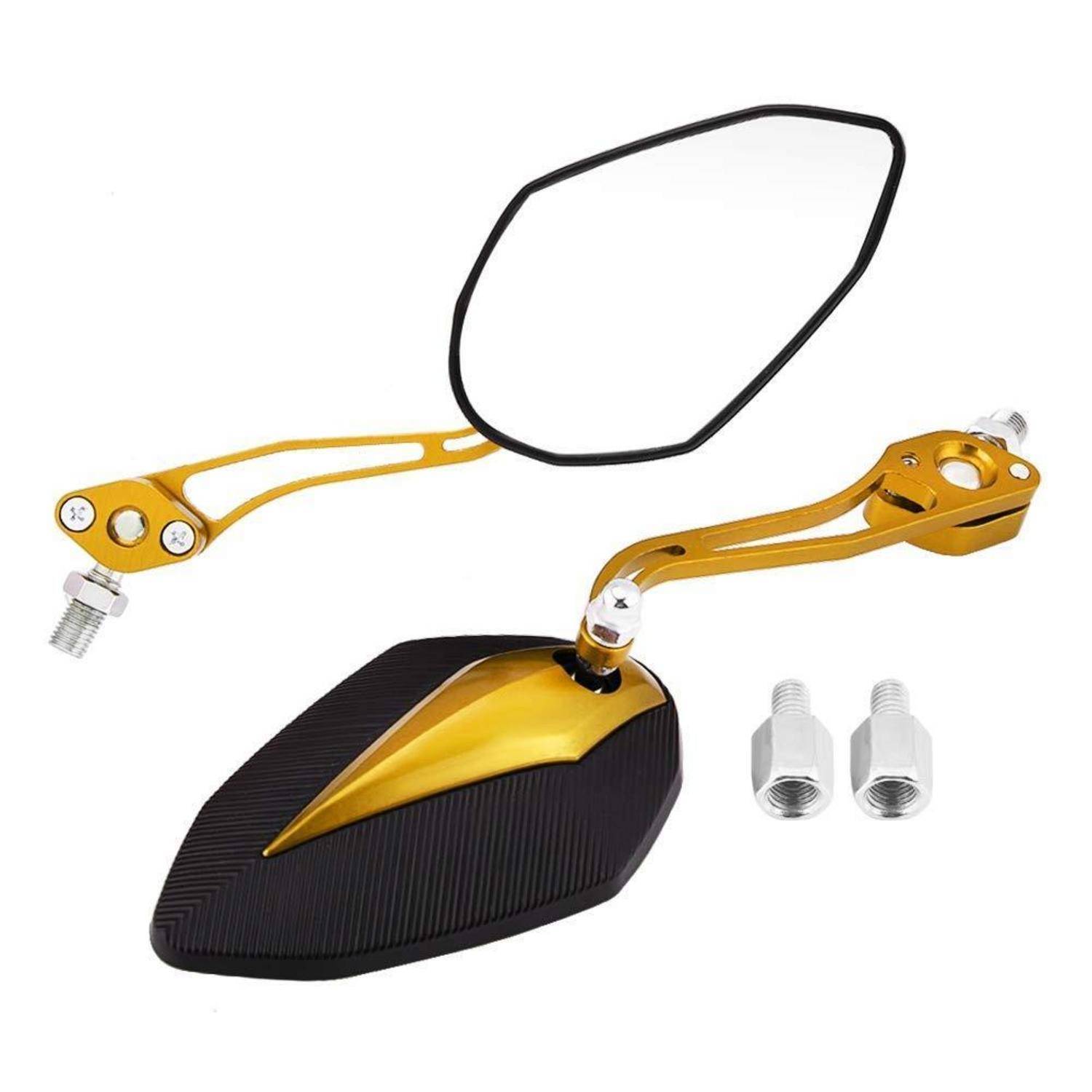 Goldene Motorrad-Seitenspiegel mit schwarzem Spiegelglas und Montagezubehör auf weißem Hintergrund