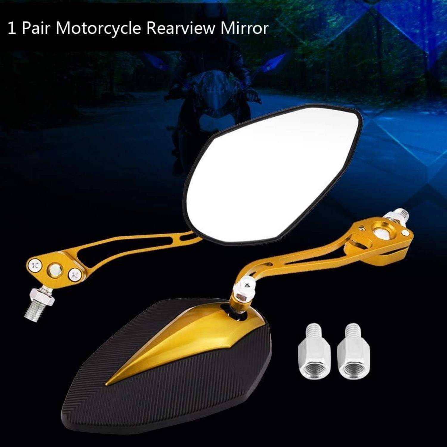 Paar goldener Motorrad-Rückspiegel mit kohlefaserstil-Basis und enthaltenen Adapterschrauben, gezeigt auf dunklem Promotionshintergrund.
