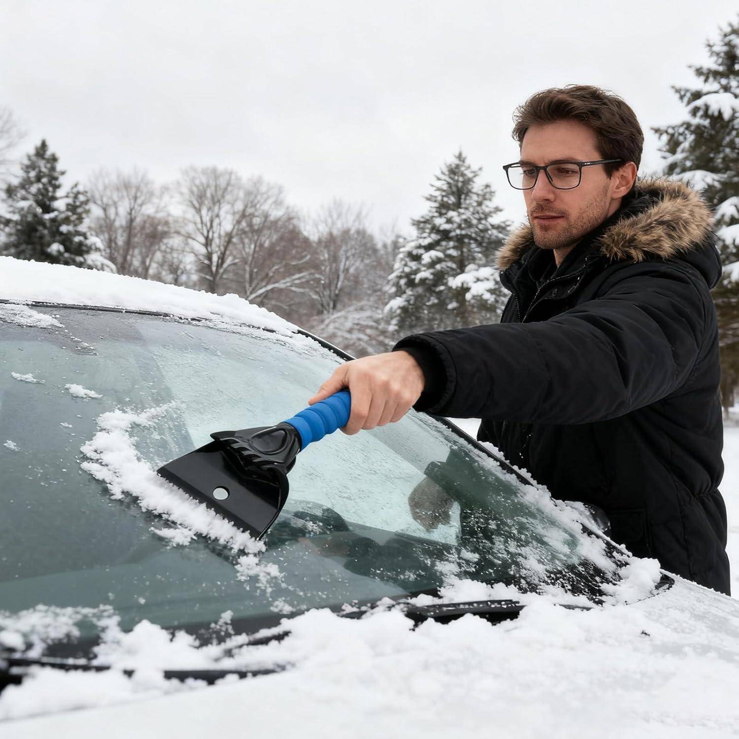 Ein Mann kratzt Schnee und Eis mit einem Eiskratzer von einer Autoscheibe an einem verschneiten Wintertag ab.