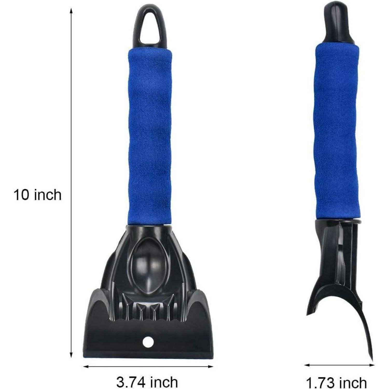 Schaber-Werkzeug mit blauem Griff in schwarz dargestellt, Vorder- und Seitenansicht, gekennzeichnet mit einer Höhe von 10 Zoll, einer Breite von 3,74 Zoll und einer Tiefe von 1,73 Zoll.