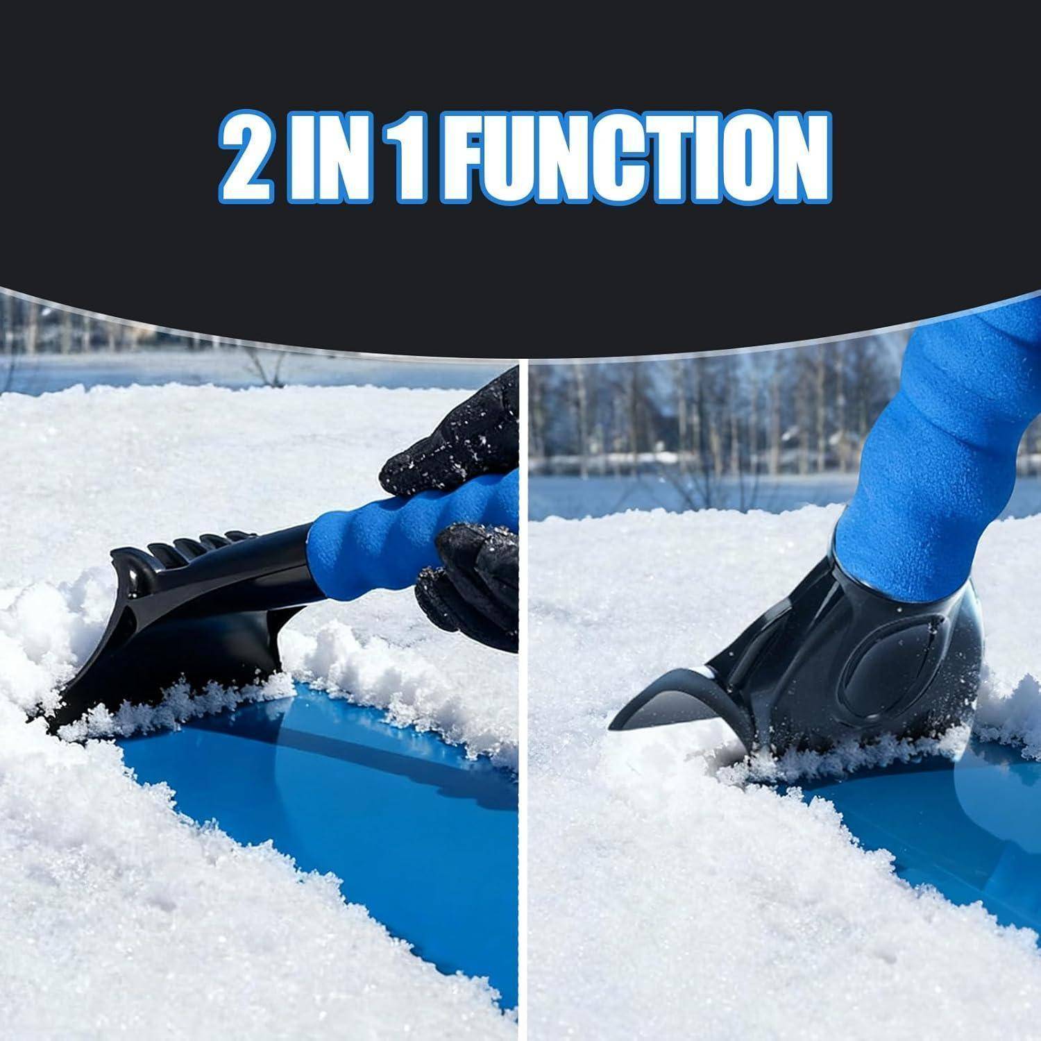 Geteiltes Bild, das ein 2-in-1-Schneeräumungswerkzeug zeigt, das Schnee von einem blauen Auto kratzt, verwendet als Bürste und Eiskratzer.