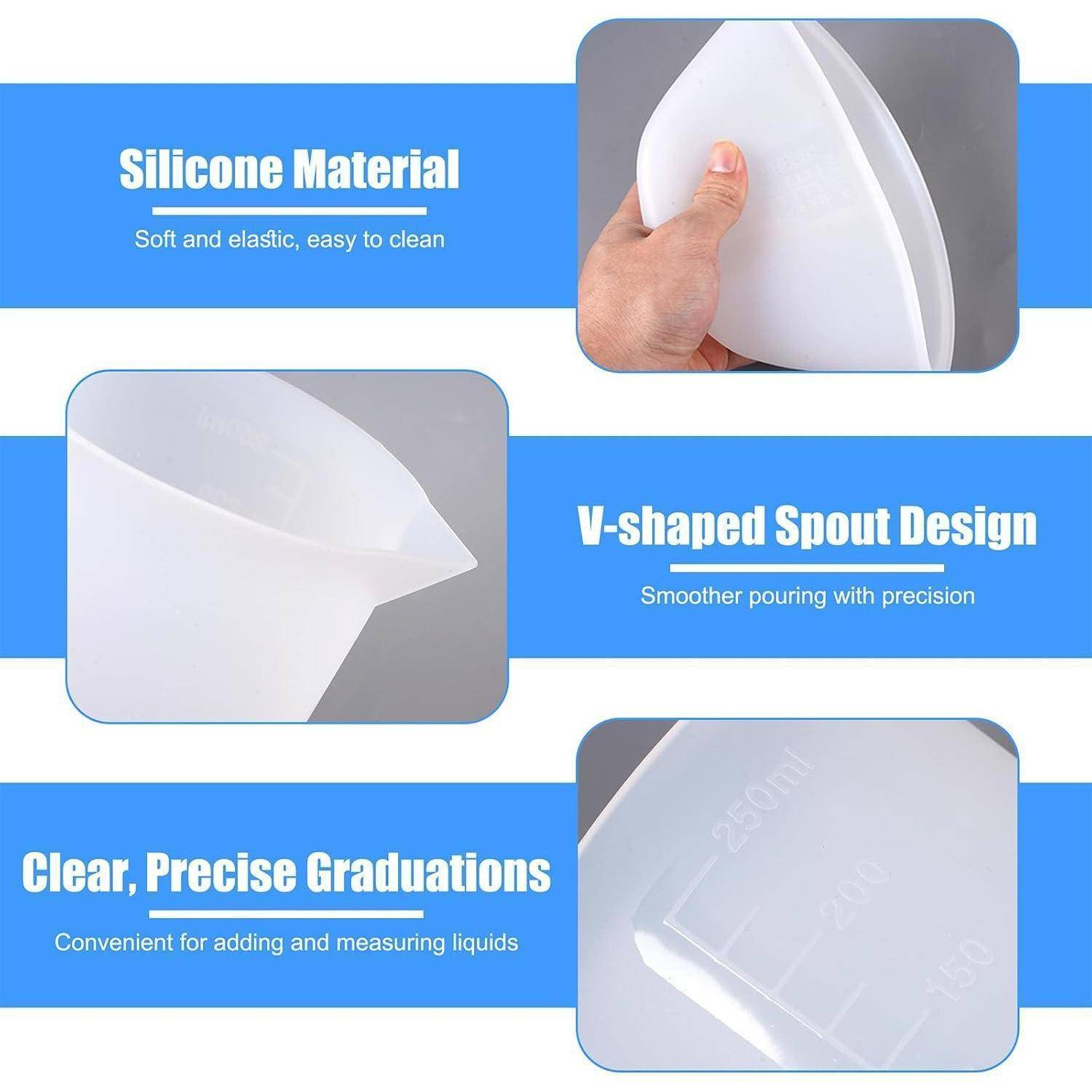 Infografik mit einem weißen Silikonmessbecher mit folgenden Merkmalen: weiches elastisches Material, V-förmiger Ausguss für präzises Eingießen und klare Graduierungen zum Messen von Flüssigkeiten.