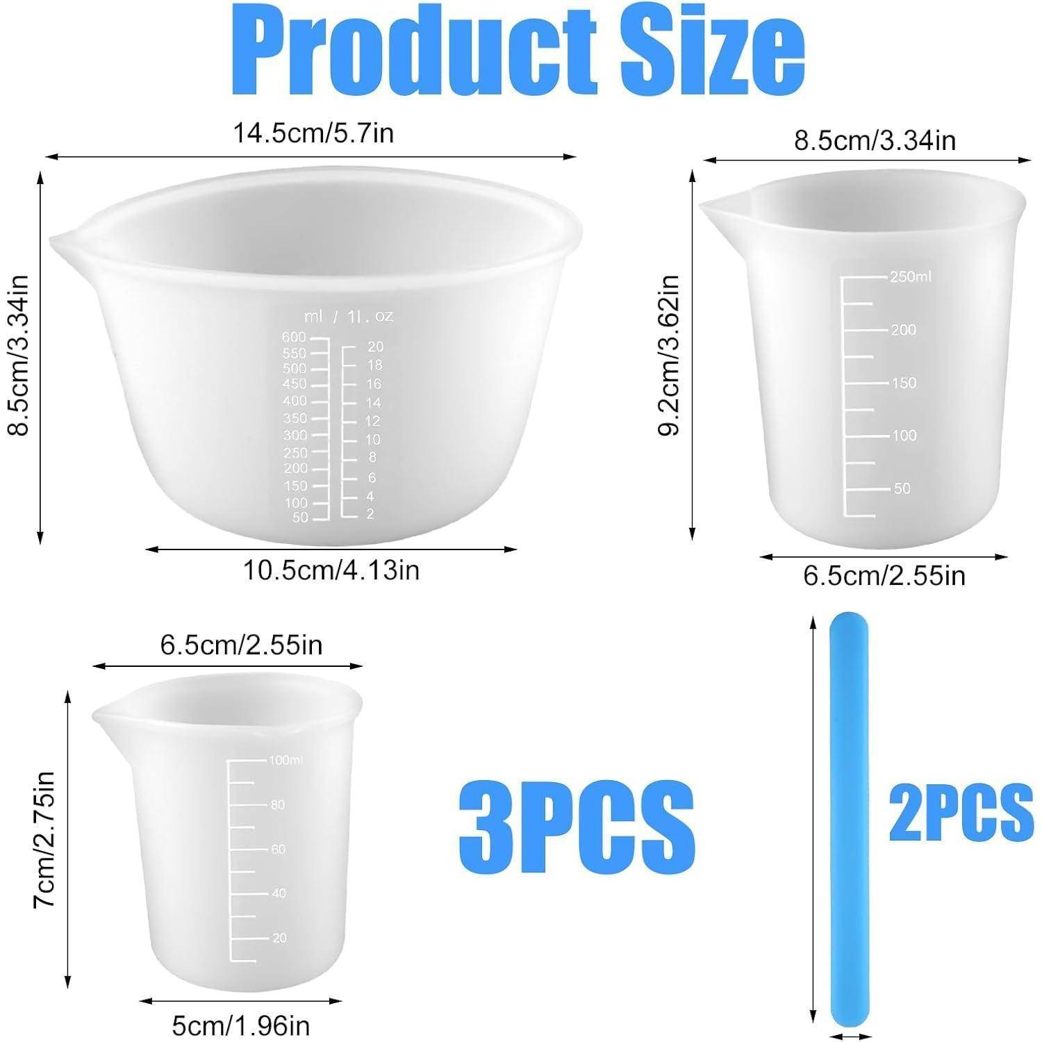 3 Stück Messbecher Silikon 100ml/ 250ml/600ml, Epoxidharz Mischbecher mit Skala Clear, Silikon Messbecher Set mit 2 Rührstab aus Silikon, Mischbeche