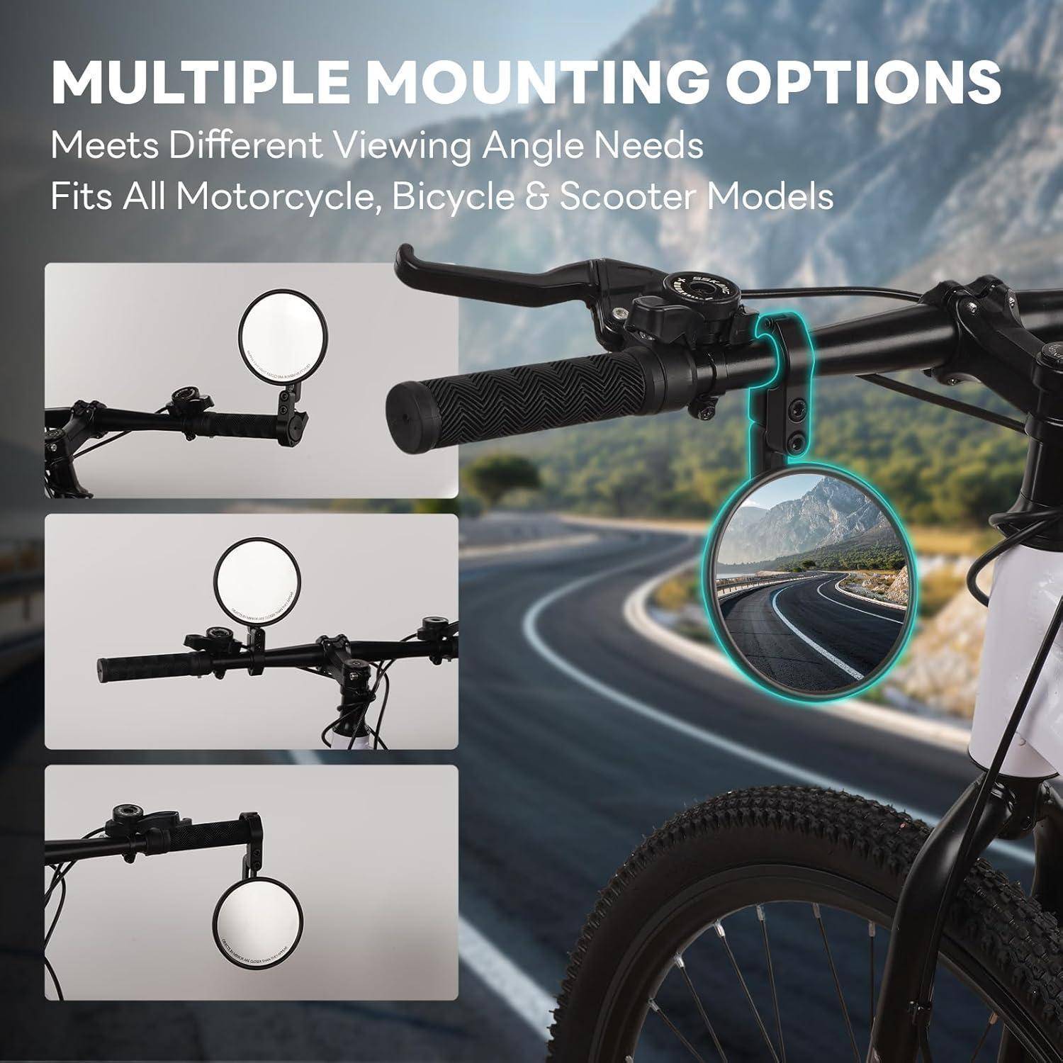 Produktanzeige für einen Fahrradspiegel mit mehreren Befestigungsoptionen an Lenkern für Motorräder, Fahrräder und Roller.