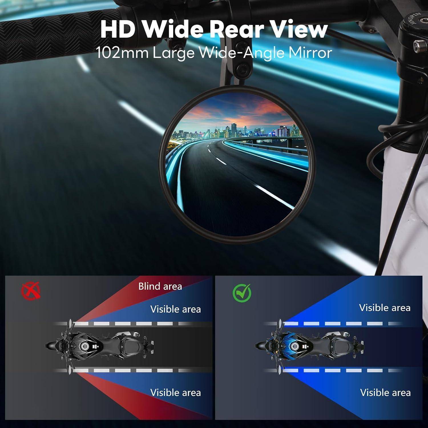 Werbegrafik für einen HD-Weitwinkel-Rückspiegel, der einen runden Spiegel zeigt, der eine Straße und Skyline reflektiert, plus Diagramme für tote Winkel versus sichtbare Bereiche für Motorradsicherheit.
