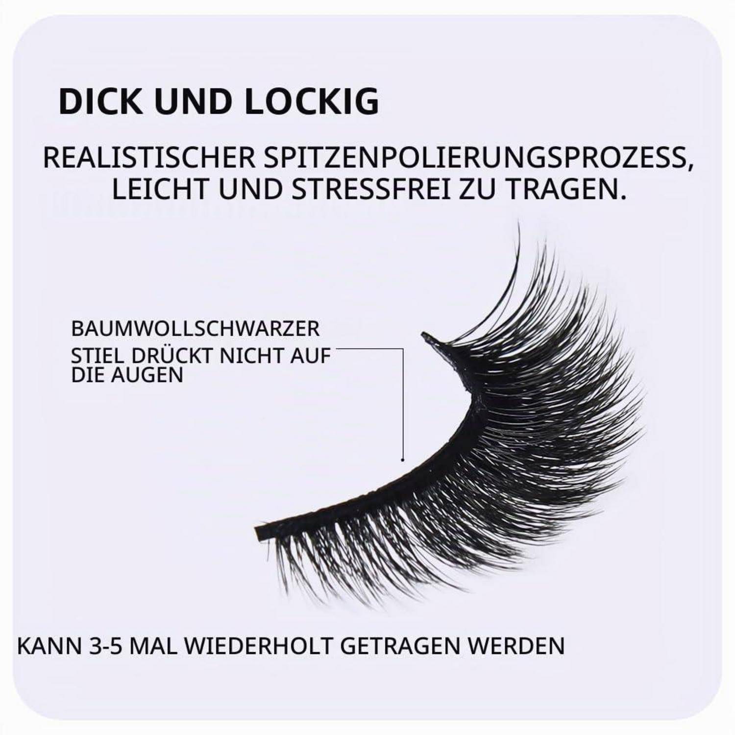Produktbild einer dicken, voluminösen künstlichen Wimpern mit deutschem Text, der eine realistische, komfortable, wiederverwendbare Wimpern mit Baumwoll-schwarzem Rand bewirbt, die nicht auf die Augen drückt.