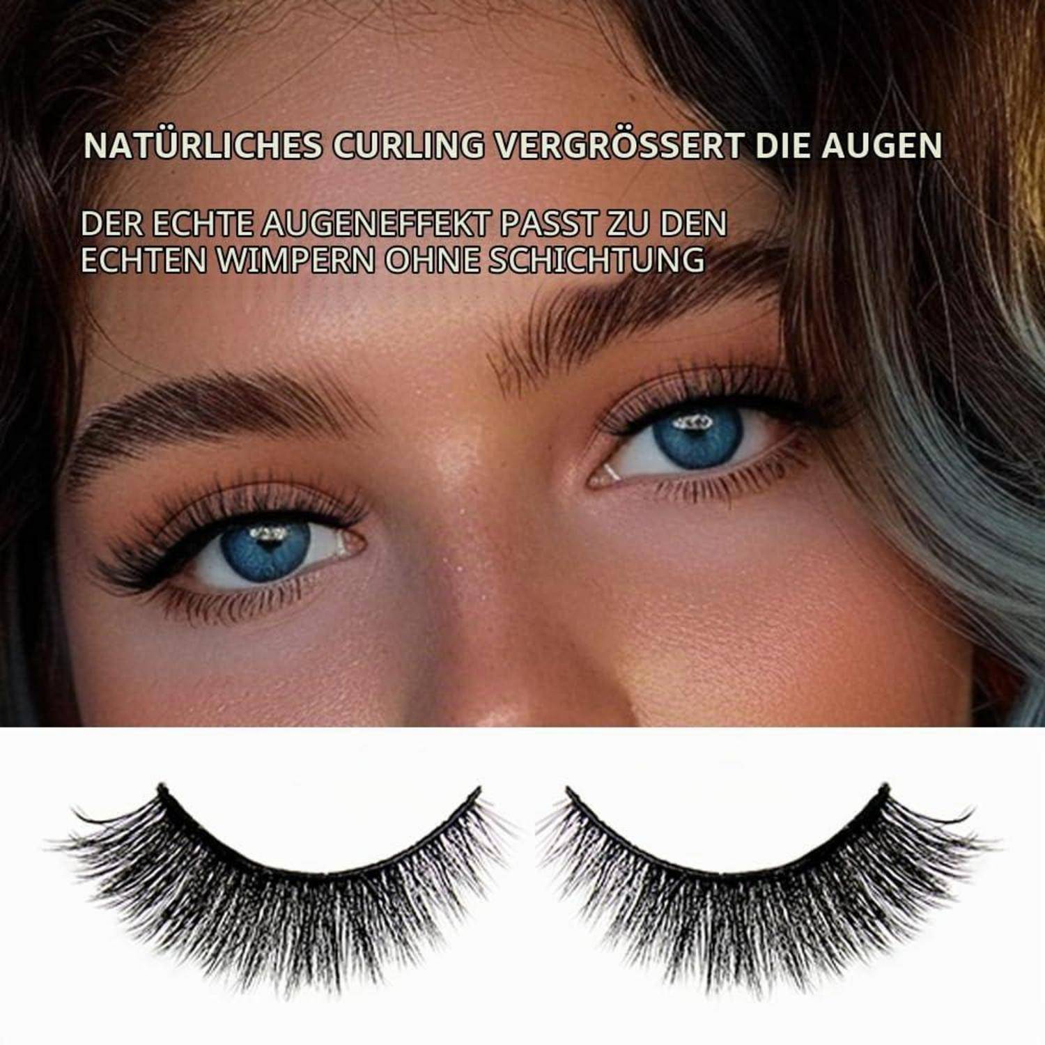 Anzeige zeigt blaue Augen mit Text „Natürliches Curling vergrößert die Augen