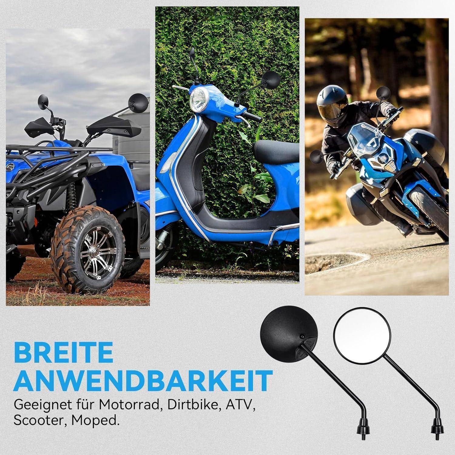 Collage zeigt schwarze Motorradscheibenspiegel auf einem ATV, Roller und Sportmotorrad mit deutschem Text „BREITE ANWENDBARKEIT