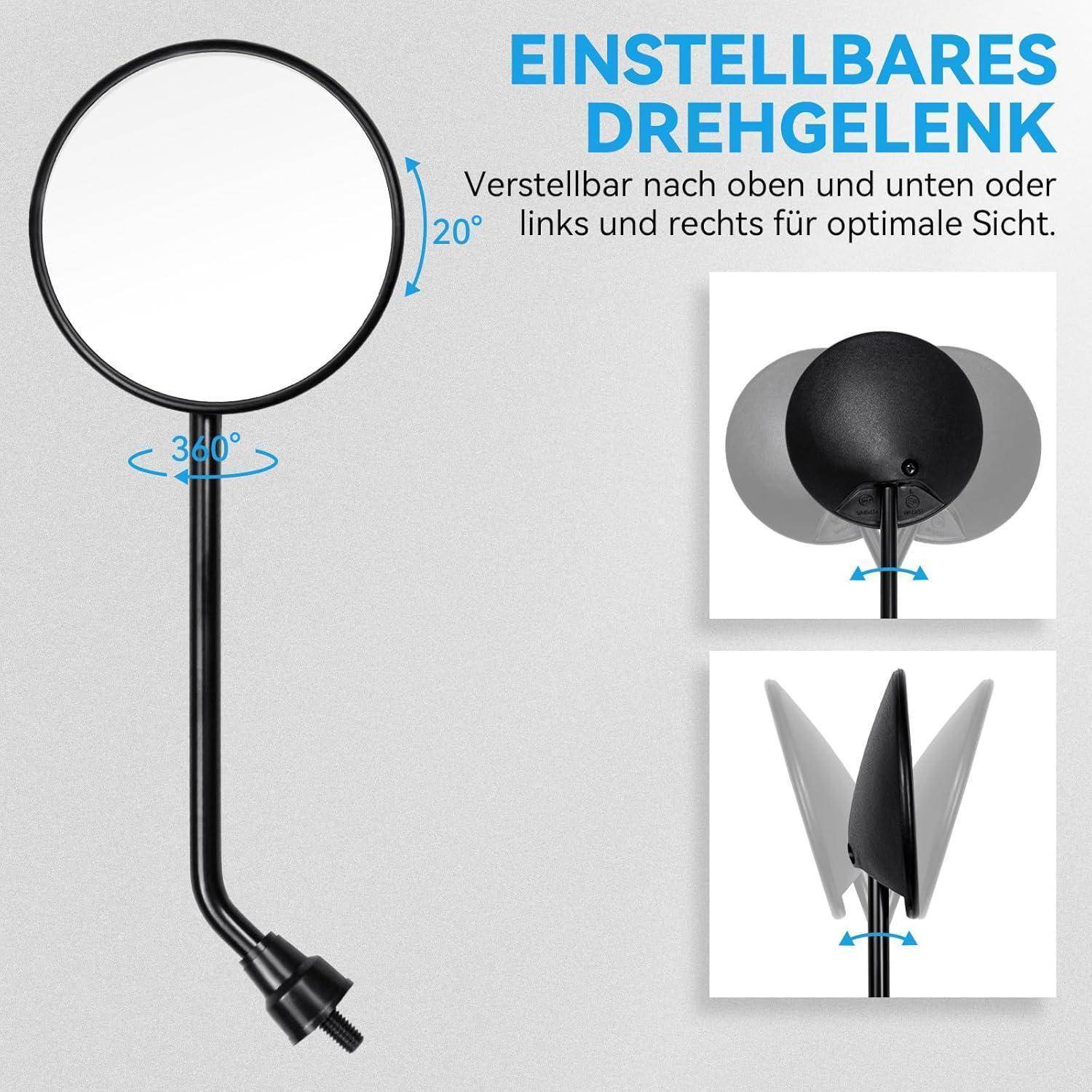 Runder verstellbarer Spiegel auf einem Stiel mit deutscher Beschriftung, der nach oben/unten und links/rechts kippen kann für optimale Sicht; 360°-Drehung und 20°-Neigung werden angezeigt.