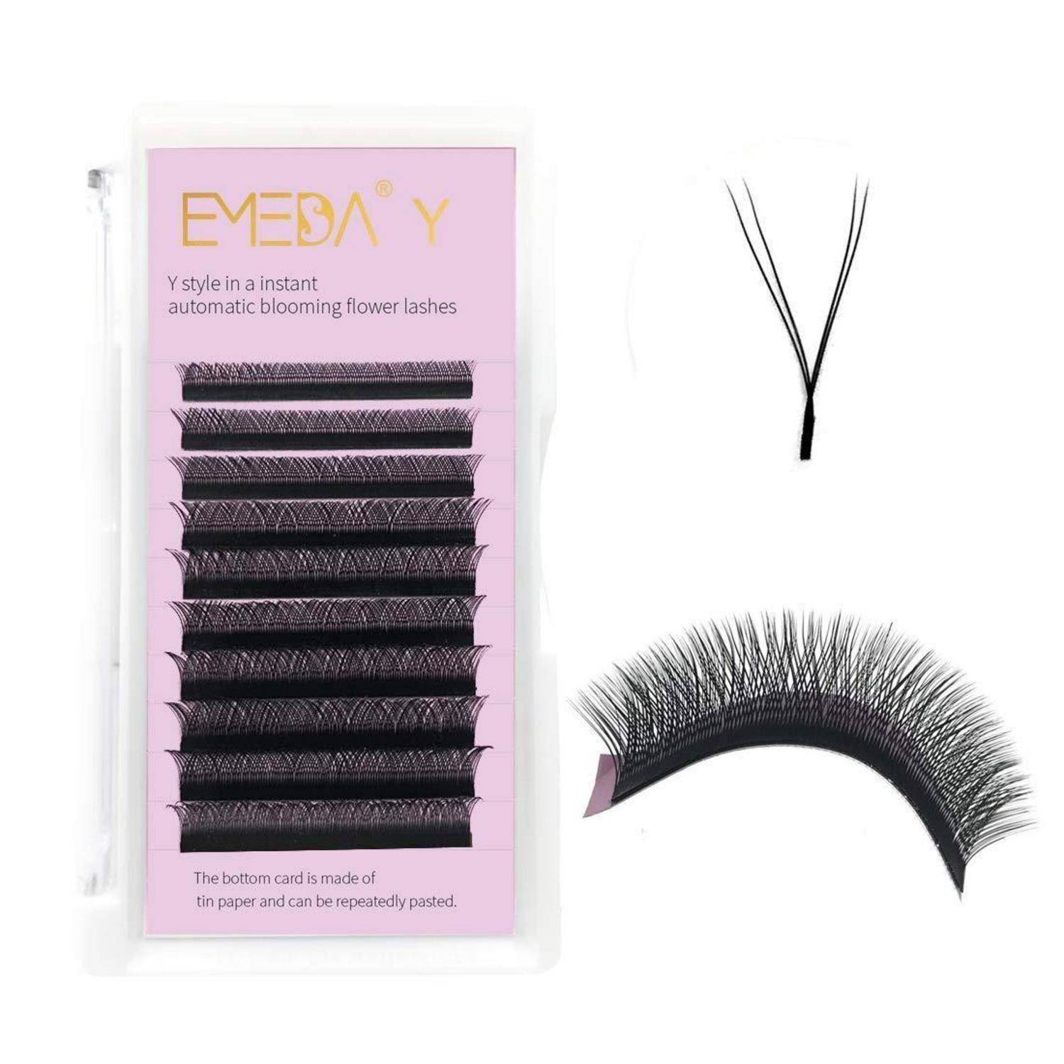 Paket von EVESA Y automatischen blühenden Wimpern, mit Beispielwimpernbüscheln und einem gekrümmten falschen Wimpernstreifen auf weißem Hintergrund.