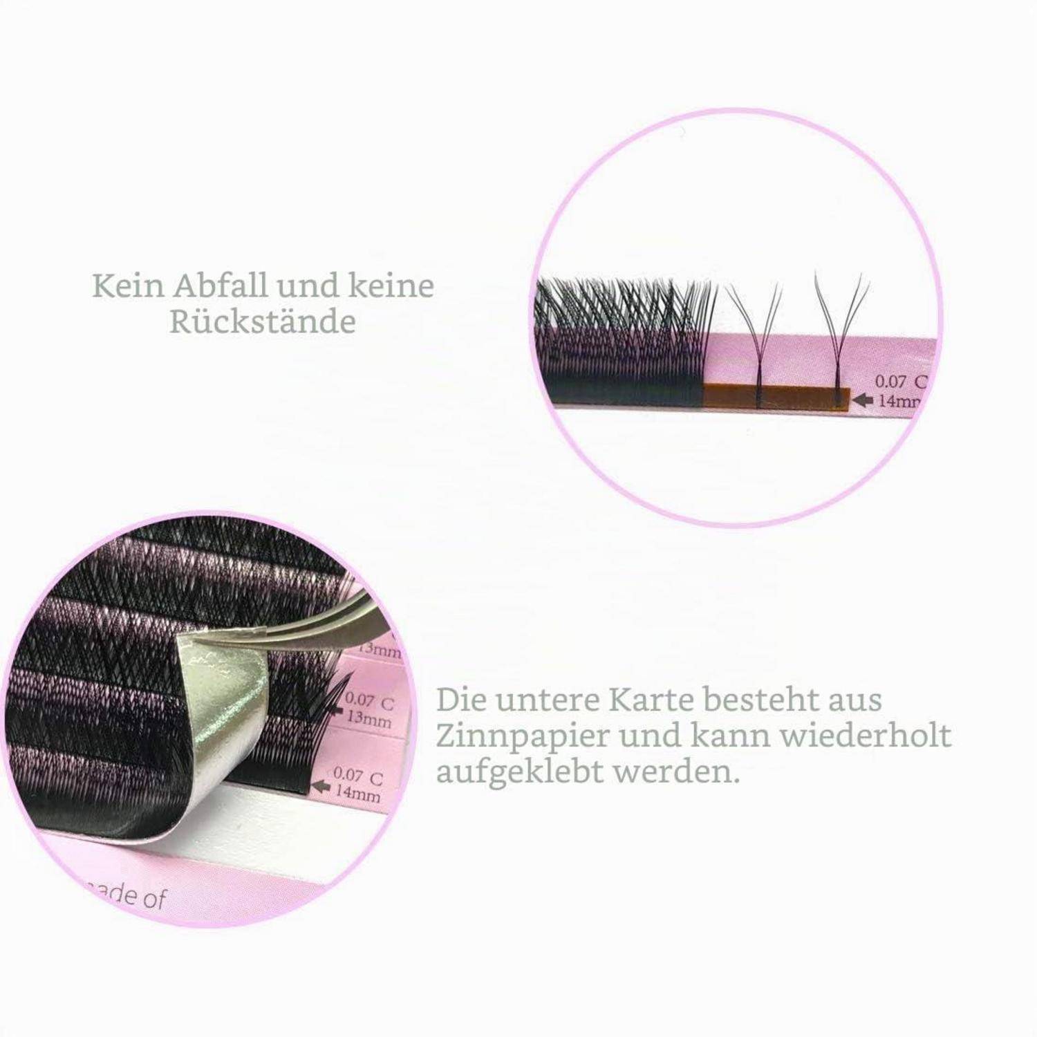 Deutsches Produktdiagramm, das Klebehaarverlängerungen und eine wiederverwendbare Zinkpapierklappe zeigt, mit Text, der besagt, dass keine Rückstände und kein Abfall entstehen.
