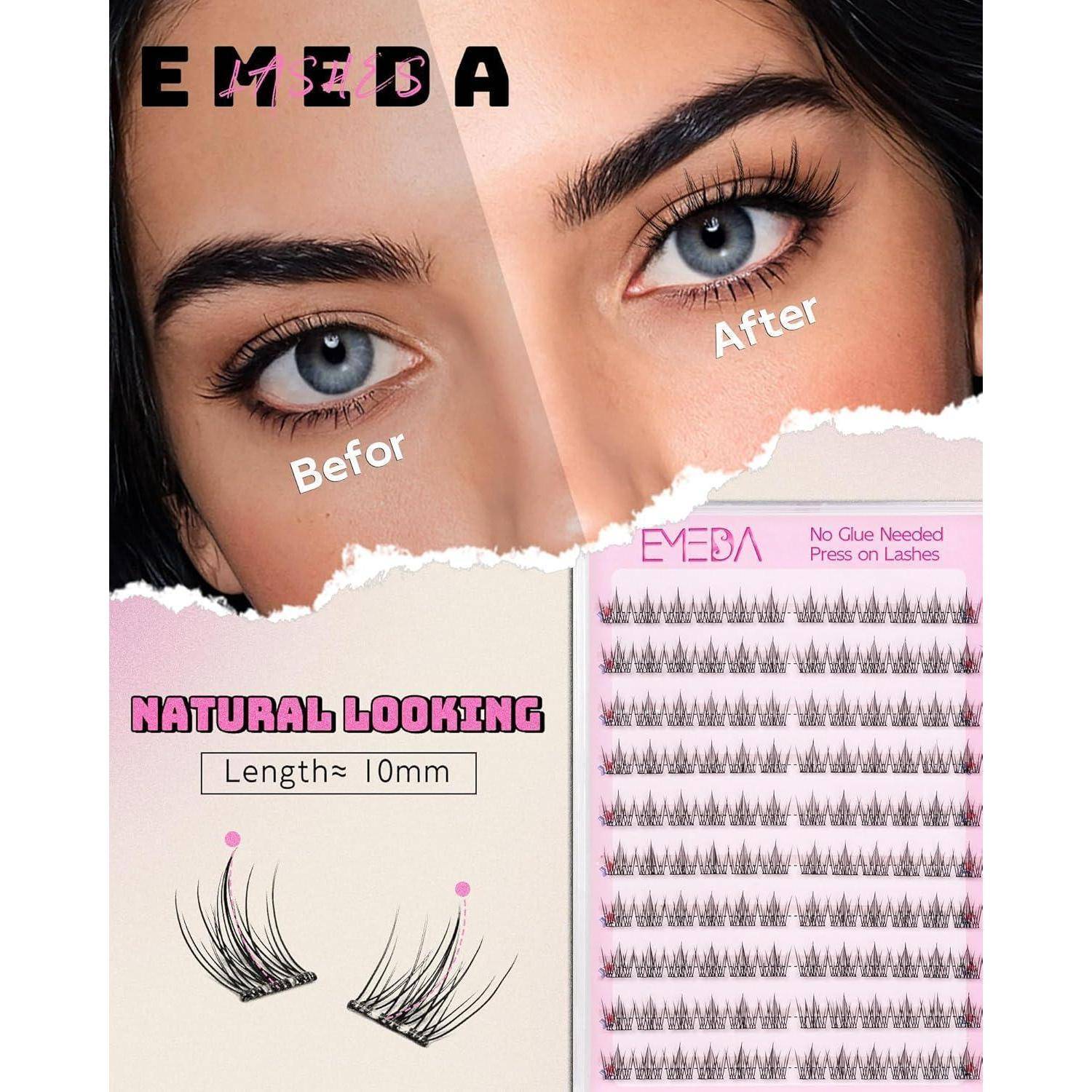 Eyeba Wimpernprodukt-Anzeige mit Vorher-Nachher-Bildern von Augen, natürlich aussehenden Wimpern in 10mm Länge und einem Tablett mit Press-On-Wimpern mit den Texten „Kein Kleber erforderlich