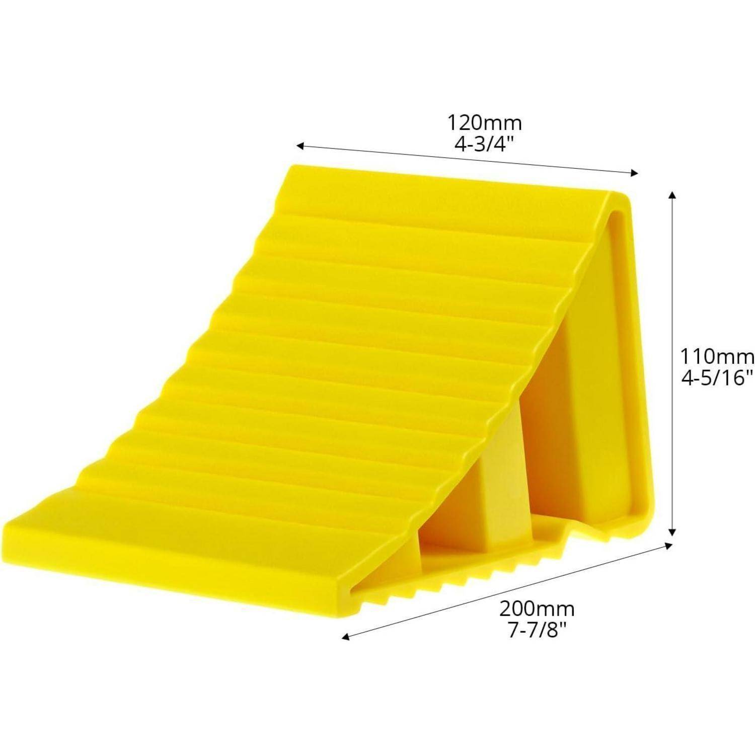 Gelber Kunststoff-Türkeil mit Abmessungen: 200 mm lang, 120 mm breit und 110 mm hoch.