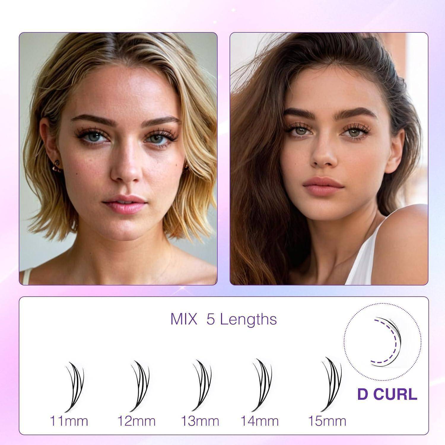 Vorher-und-Nachher-Stil-Wimpernverlängerungstabelle mit zwei Frauen über einer Produktanleitung für „MIX 5 Lengths