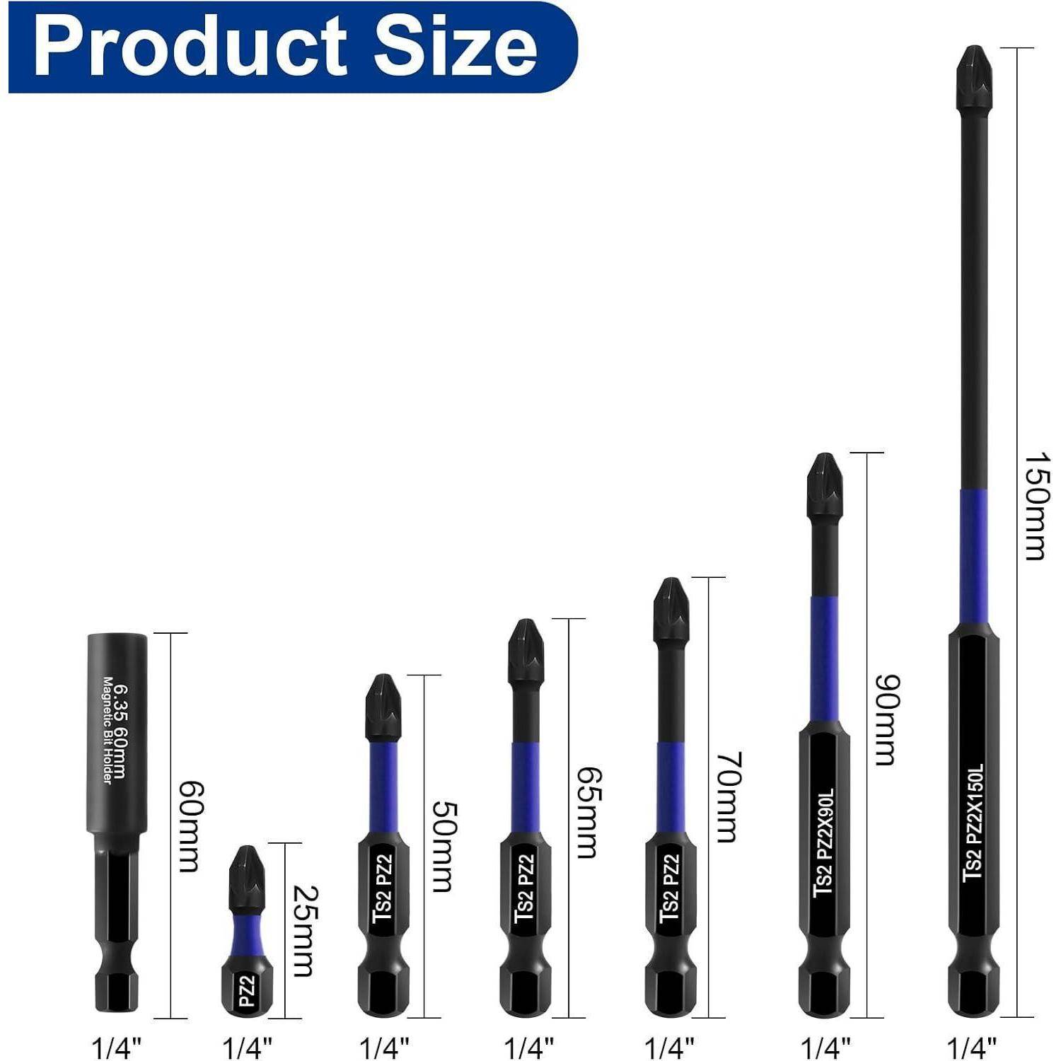 Produktgrößentabelle mit sechs schwarzen Schlagbohrer-Bits mit Längen gekennzeichnet als 25mm, 50mm, 60mm, 65mm, 70mm, 90mm und 150mm.