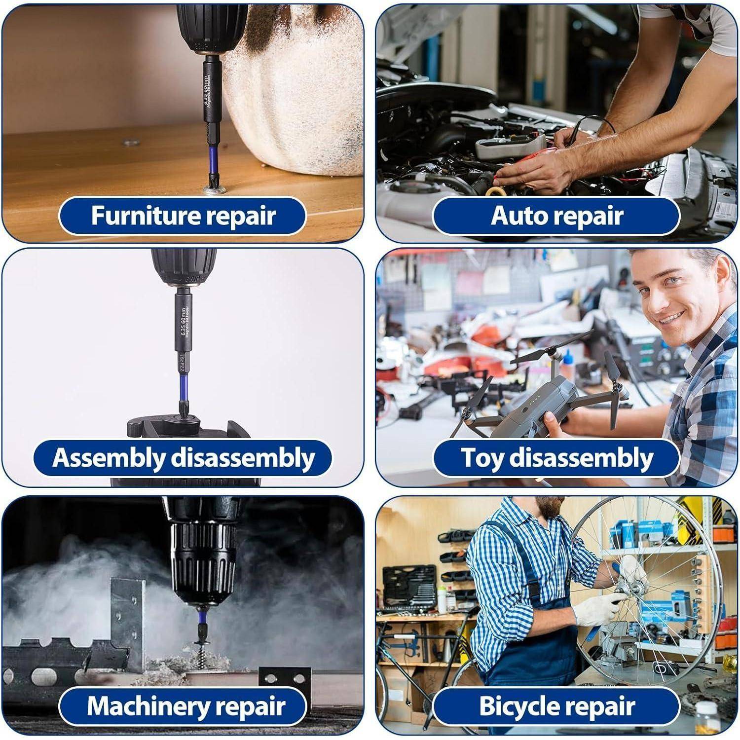 Sechsteiliges Bild, das einen elektischen Schraubendreher zeigt, der für Möbelreparatur, Autoreparatur, Montage-Demontage, Spielzeugdemontage, Maschinenbericht und Fahrradreparatur verwendet wird.