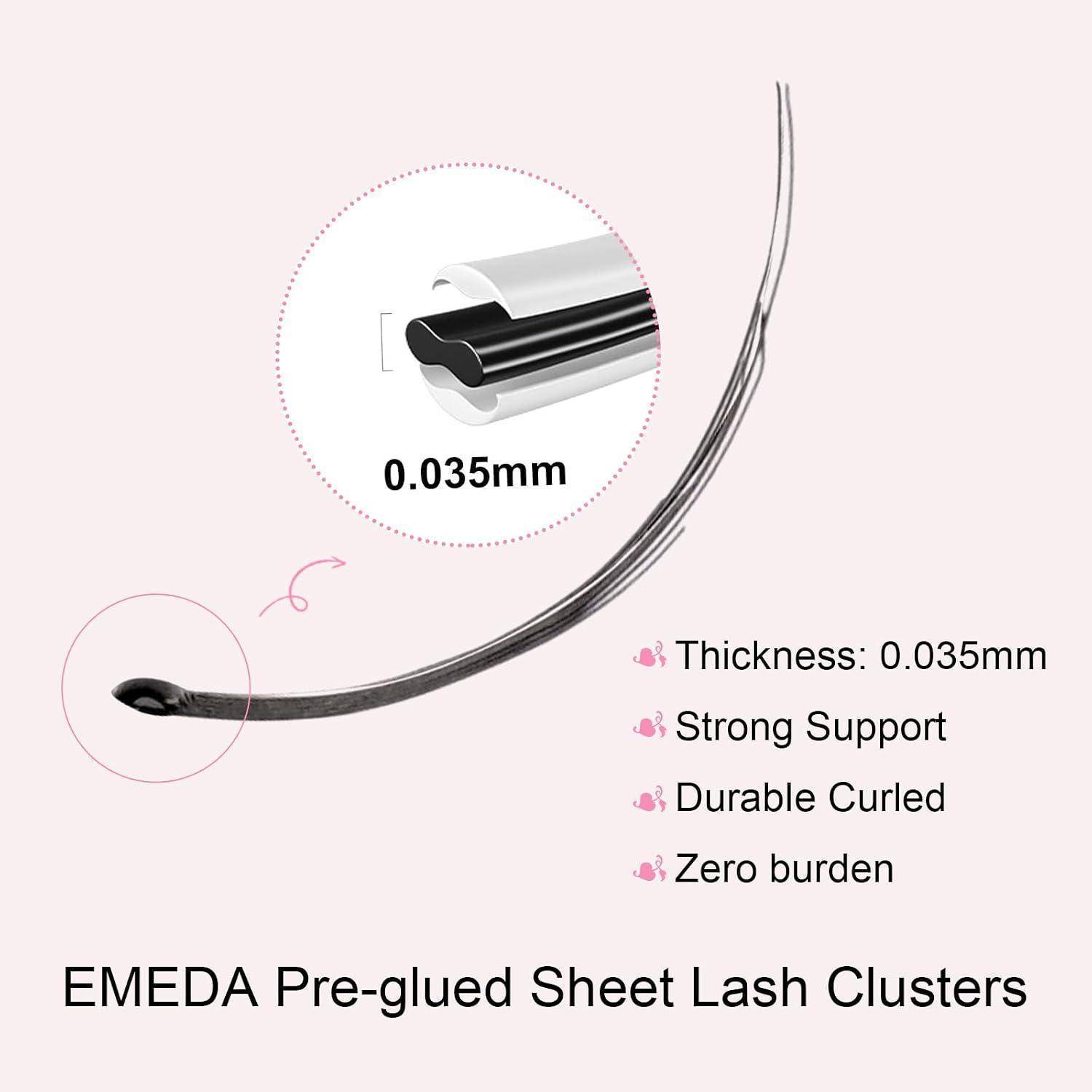 Produktgrafik für EMEDA vorgeleimt Wimpernbüschel, die 0,035 mm Dicke, starke Unterstützung, haltbare Krümmung und null Belastung hervorheben.