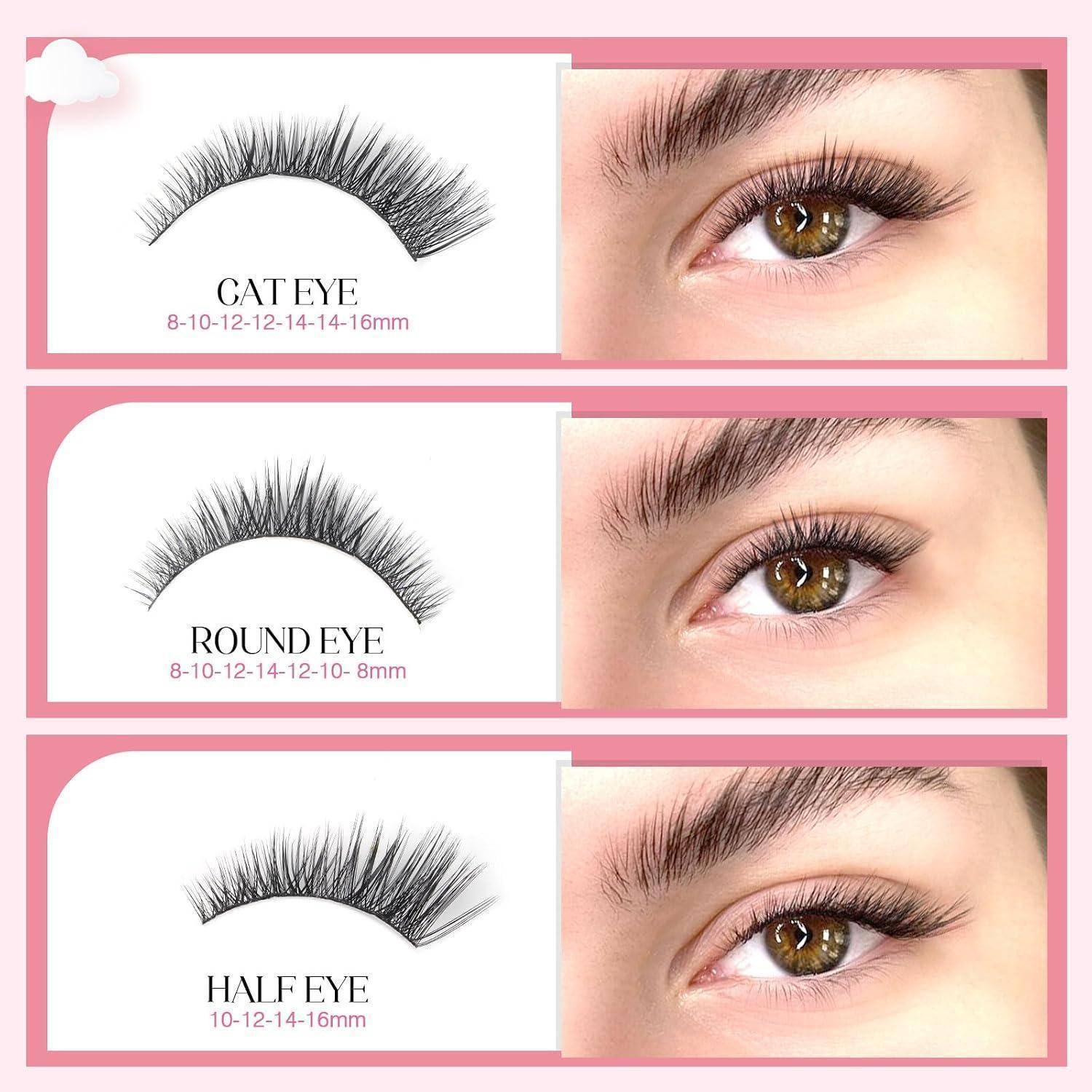 Drei Beispiele für Wimpernverlängerungsstile mit den Bezeichnungen „CAT EYE