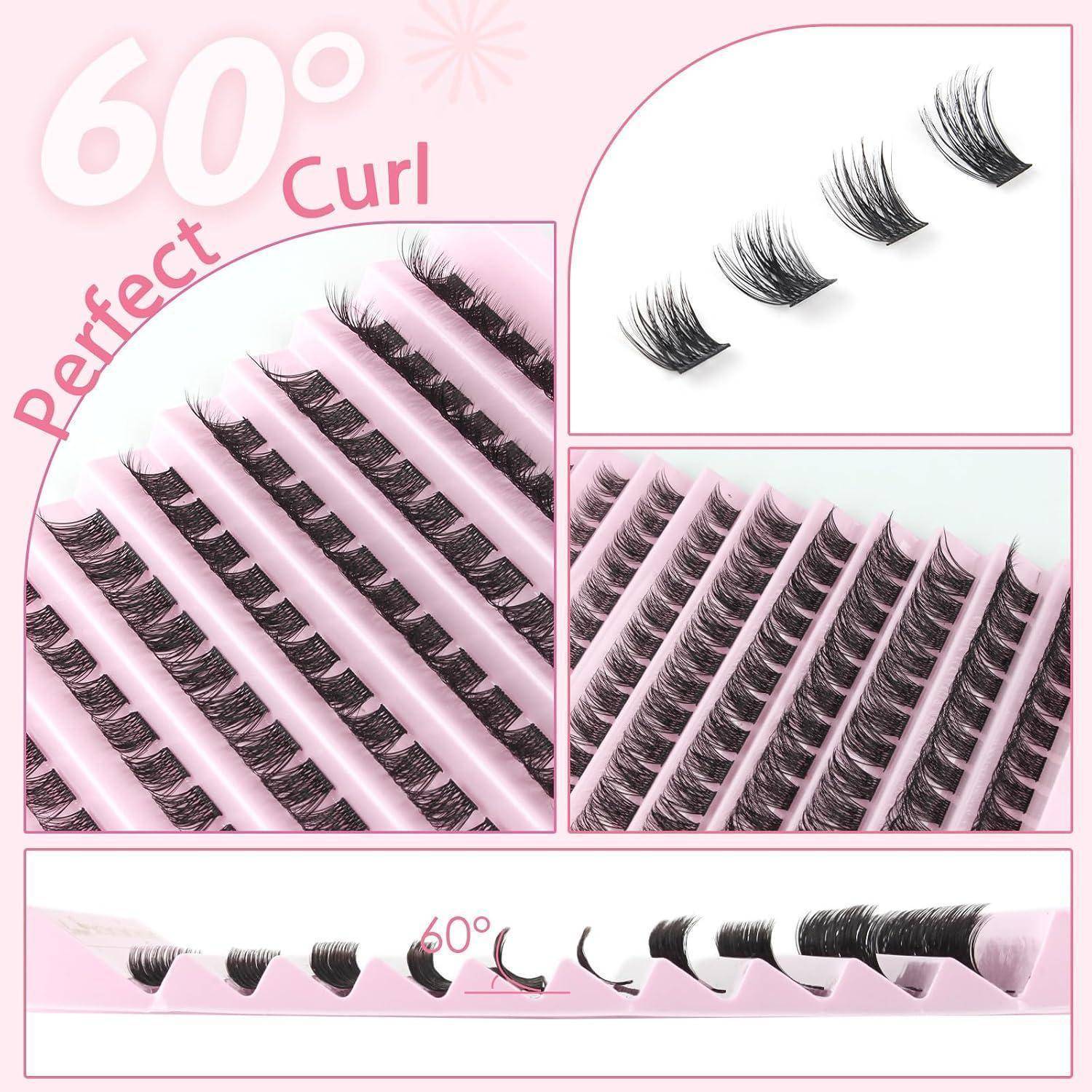 Werbekollage von künstlichen Wimpern mit der Bezeichnung „60° Perfect Curl