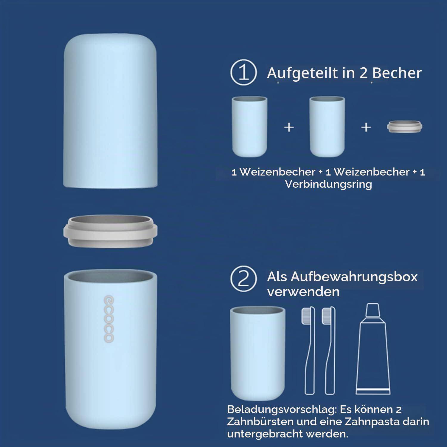 Illustration eines hellblauen Bechers, der in zwei Becher mit einem verbindenden Ring umgewandelt wird, oder als Aufbewahrungsbox für zwei Zahnbürsten und Zahnpasta verwendet wird.