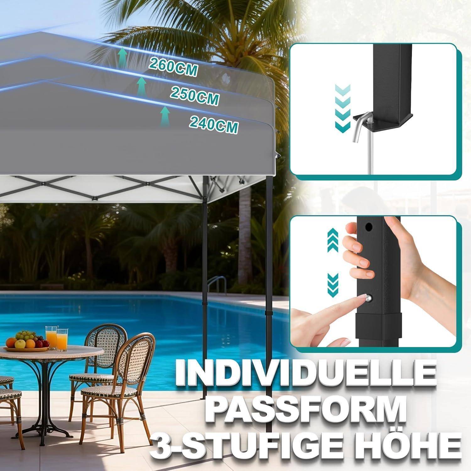 Pavillon neben dem Pool mit verstellbaren 3-stufigen Höhenoptionen von 240 cm, 250 cm und 260 cm in Nahaufnahmen dargestellt.