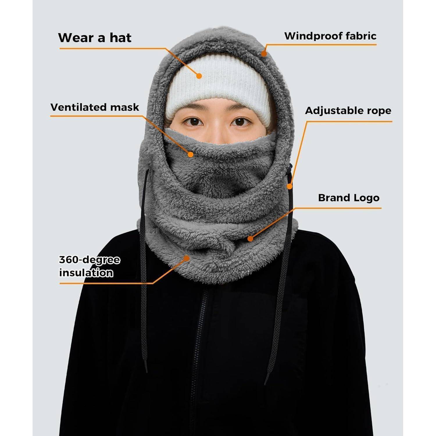Person trägt eine graue winddichte Sturmhaube mit Gesichtsöffnung, mit beschrifteten Merkmalen einschließlich belüfteter Maske, verstellbarem Seil und 360-Grad-Isolierung.