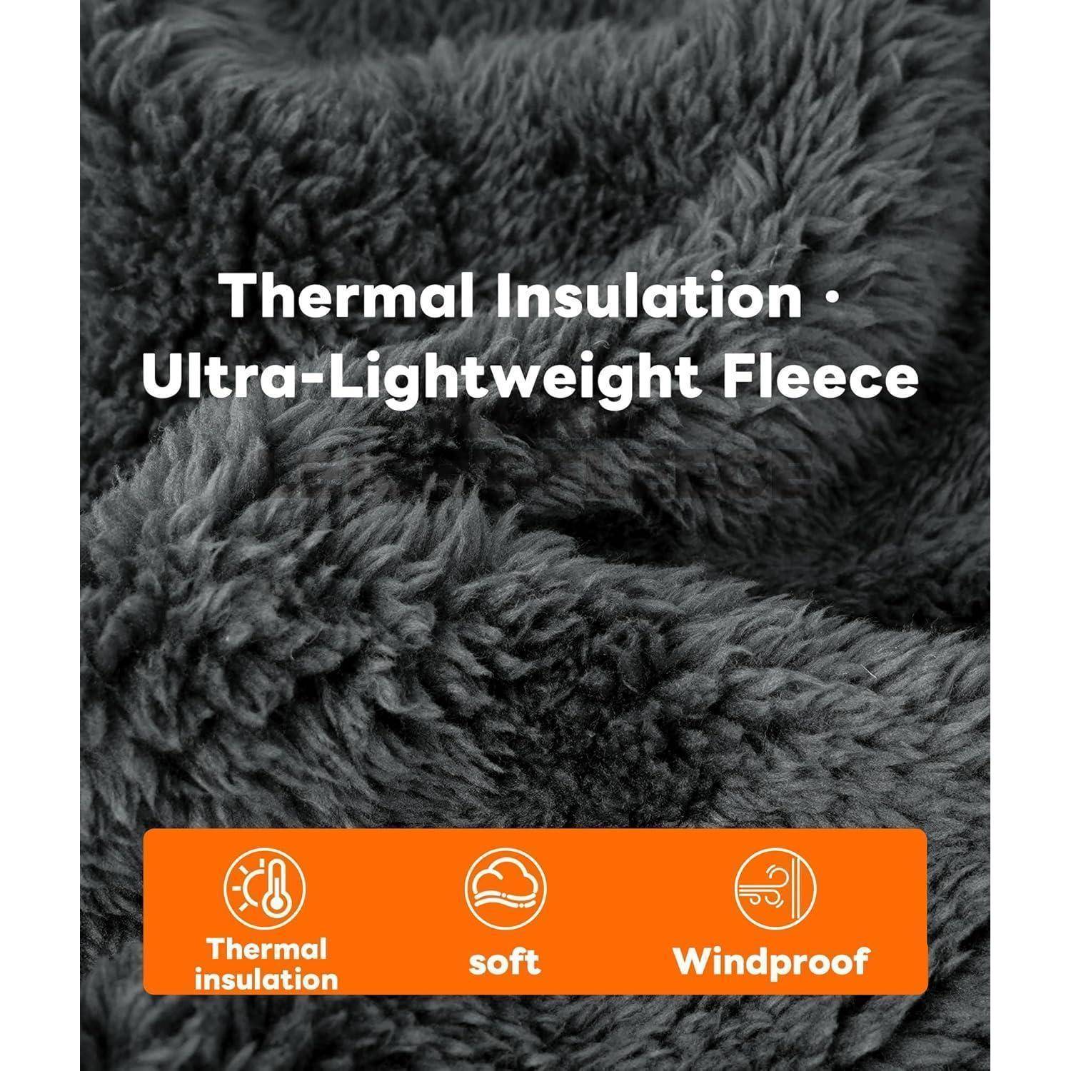 Nahaufnahme des dunklen Fleecestoffs mit Text „Thermische Isolierung • Ultra-leichtes Fleece" und Symbolen für thermische Isolierung, weich und windundurchlässig.