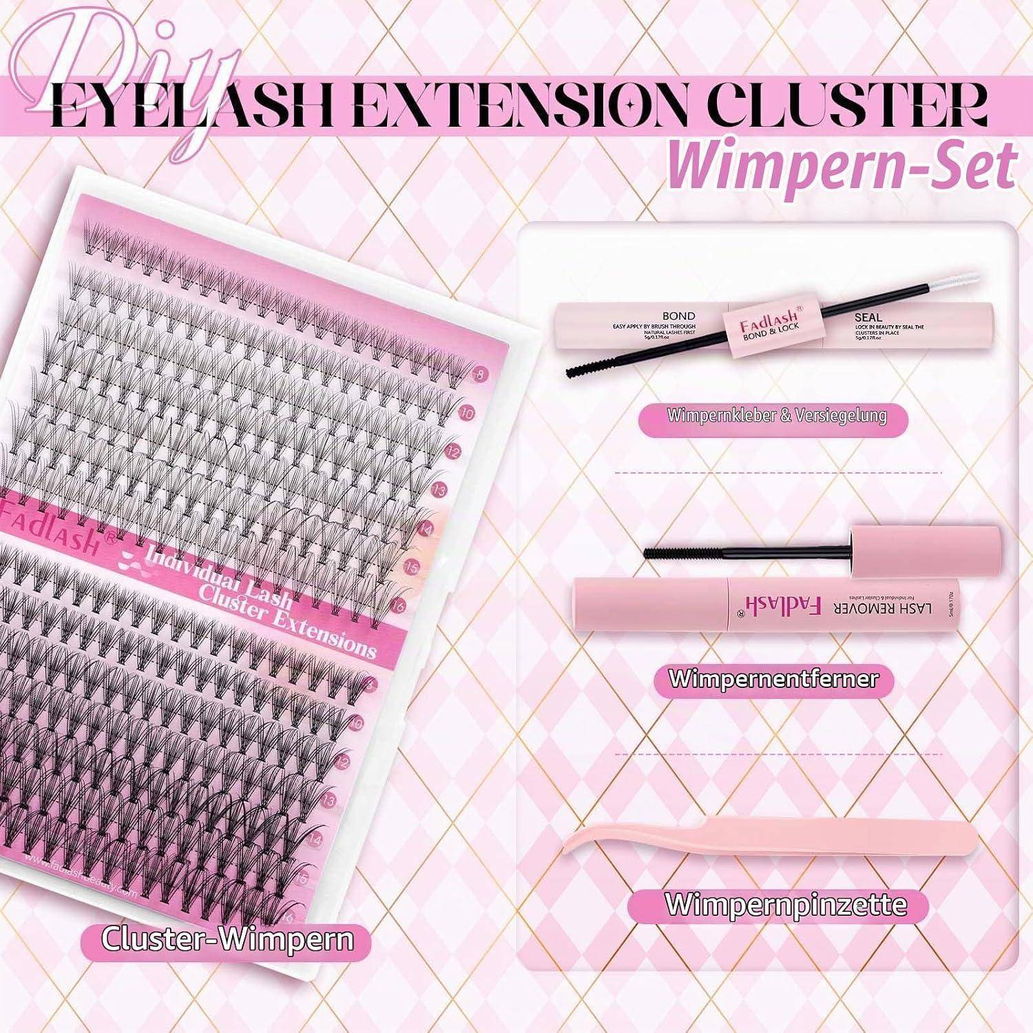 Rosa Anzeige für ein Wimpernverlängerungs-Cluster-Set mit Cluster-Wimpern-Tabletts, einem Haft-/Versiegelungsstab, einem Entferner-Stift und einer Pinzette mit deutschen Beschriftungen.