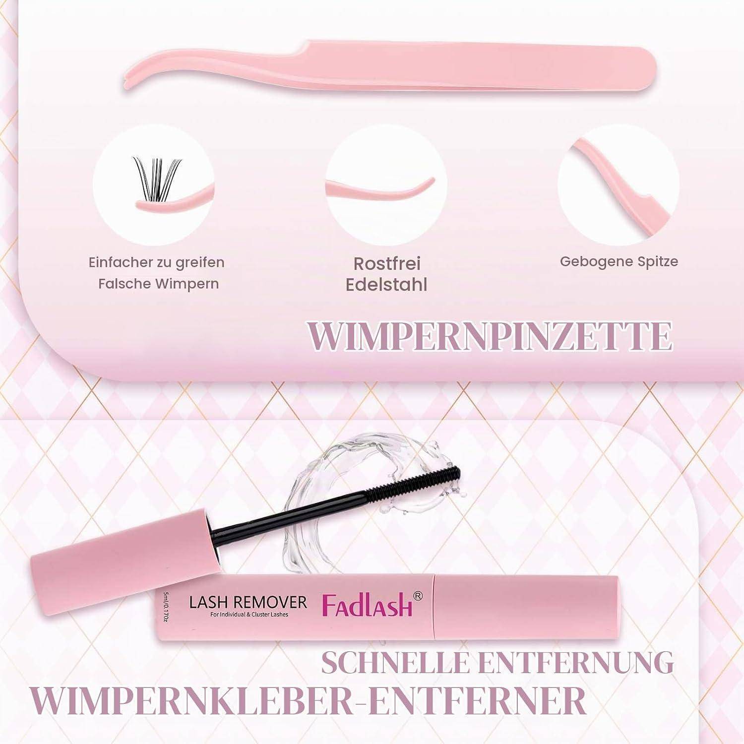 Pinzette für Wimpern in Rosa mit Wimpernentferner – Produktanzeige mit deutschem Text, der den einfachen Griff, Edelstahl, die gebogene Spitze und die schnelle Entfernung von Klebstoff hervorhebt.