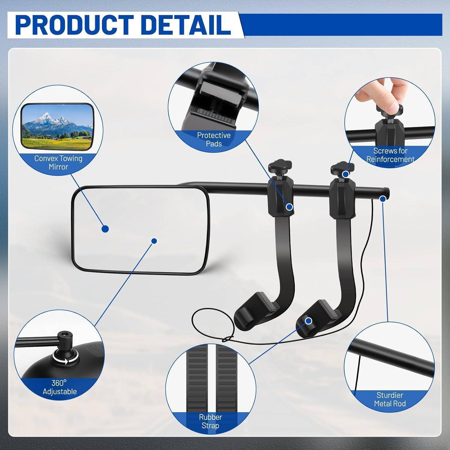 Produktdetaildiagramm eines konvexen Abschleppspiegels mit Schutzpolstern, Verstärkungsschrauben, 360°-verstellbaren Gelenken, Gummistreifen und stabilerer Metallstange.