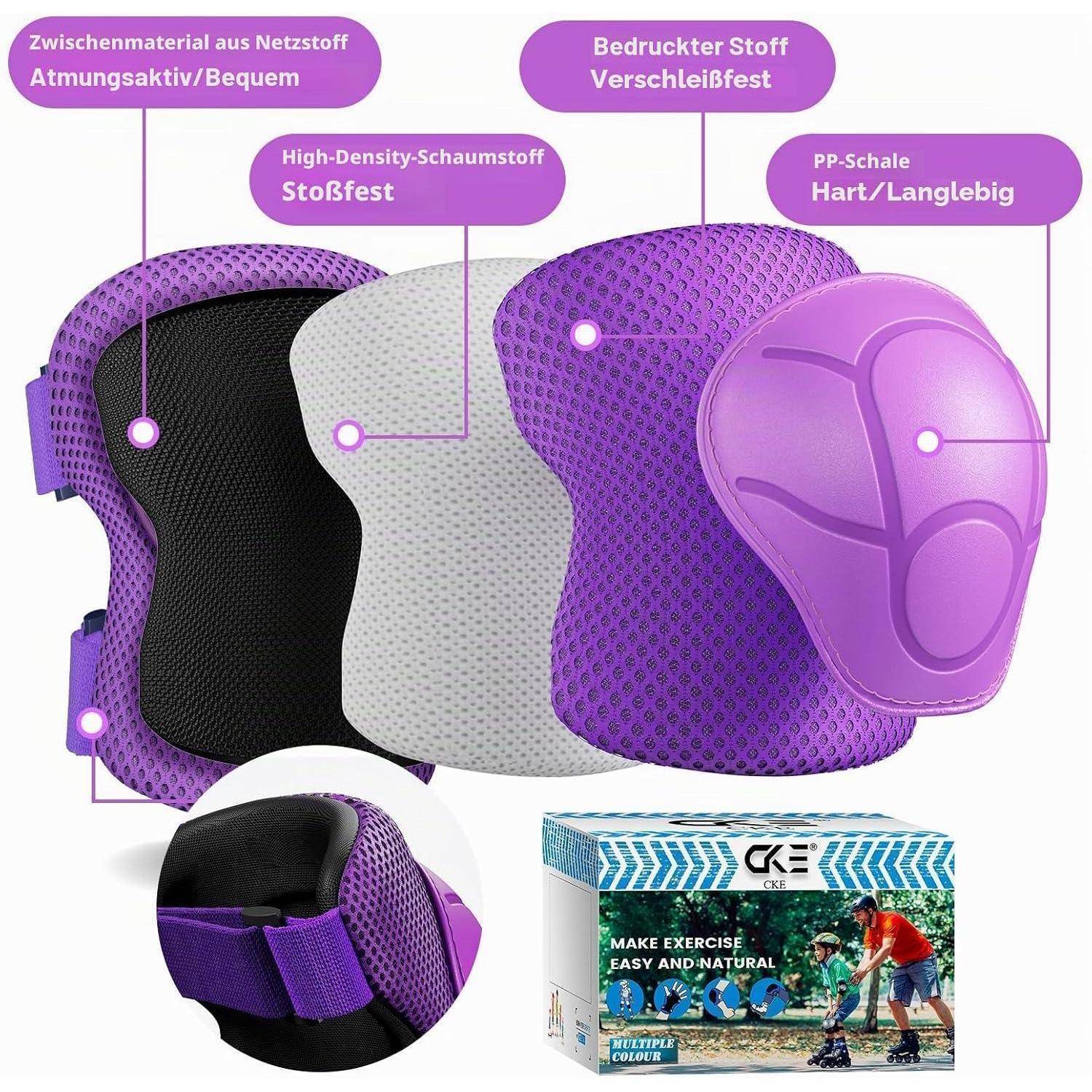 Explodierte Ansicht einer violetten Knieschützer mit Mesh, hochdichtem Schaum, strapazierfähigem Stoff und PP-Schale; die Vergrößerung zeigt den verstellbaren Riemen und die Produktschachtel.