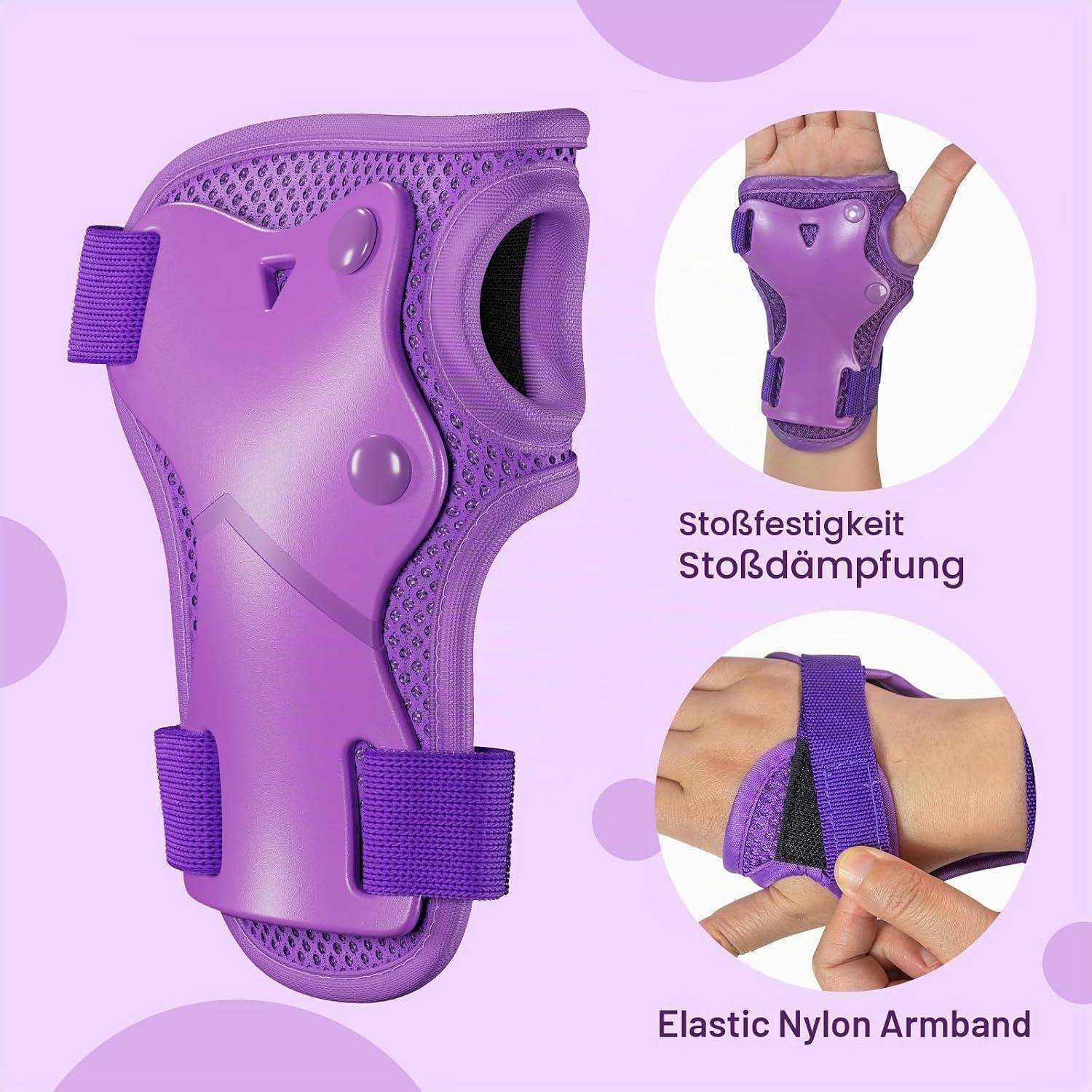 Violette Knie-/Ellbogenschutzmanschette mit Riemen, gezeigt mit Nahaufnahmekreisen einer Hand, die sie trägt, und Text „Stoßfestigkeit Stoßdämpfung