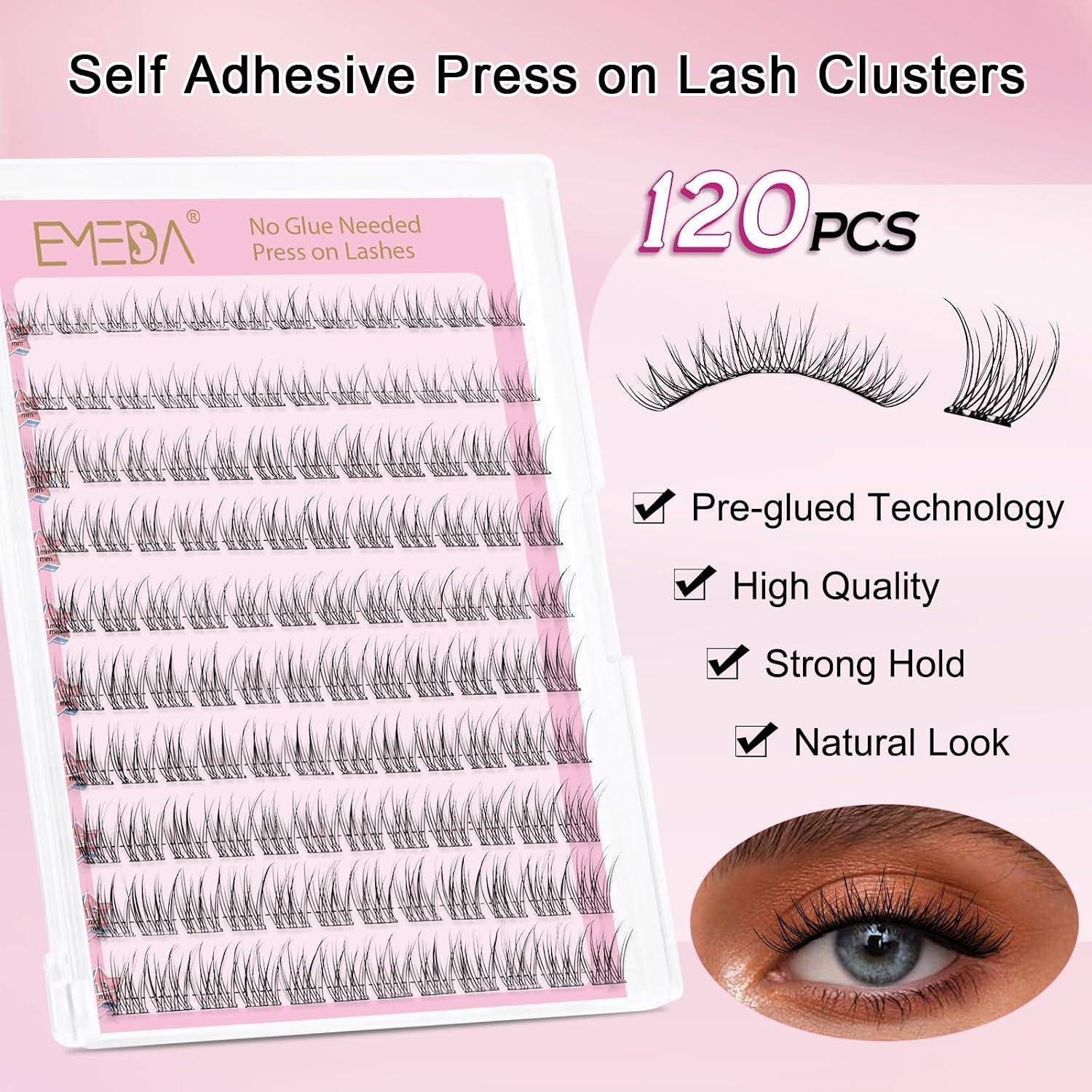 EMEDA selbstklebende natürliche Wimpern, Kleberlose Wimpernbüschel Kit 10mm - 13mm 120pcs Wimpern zum Aufdrücken, Kein Kleber erforderlich Vorgekle