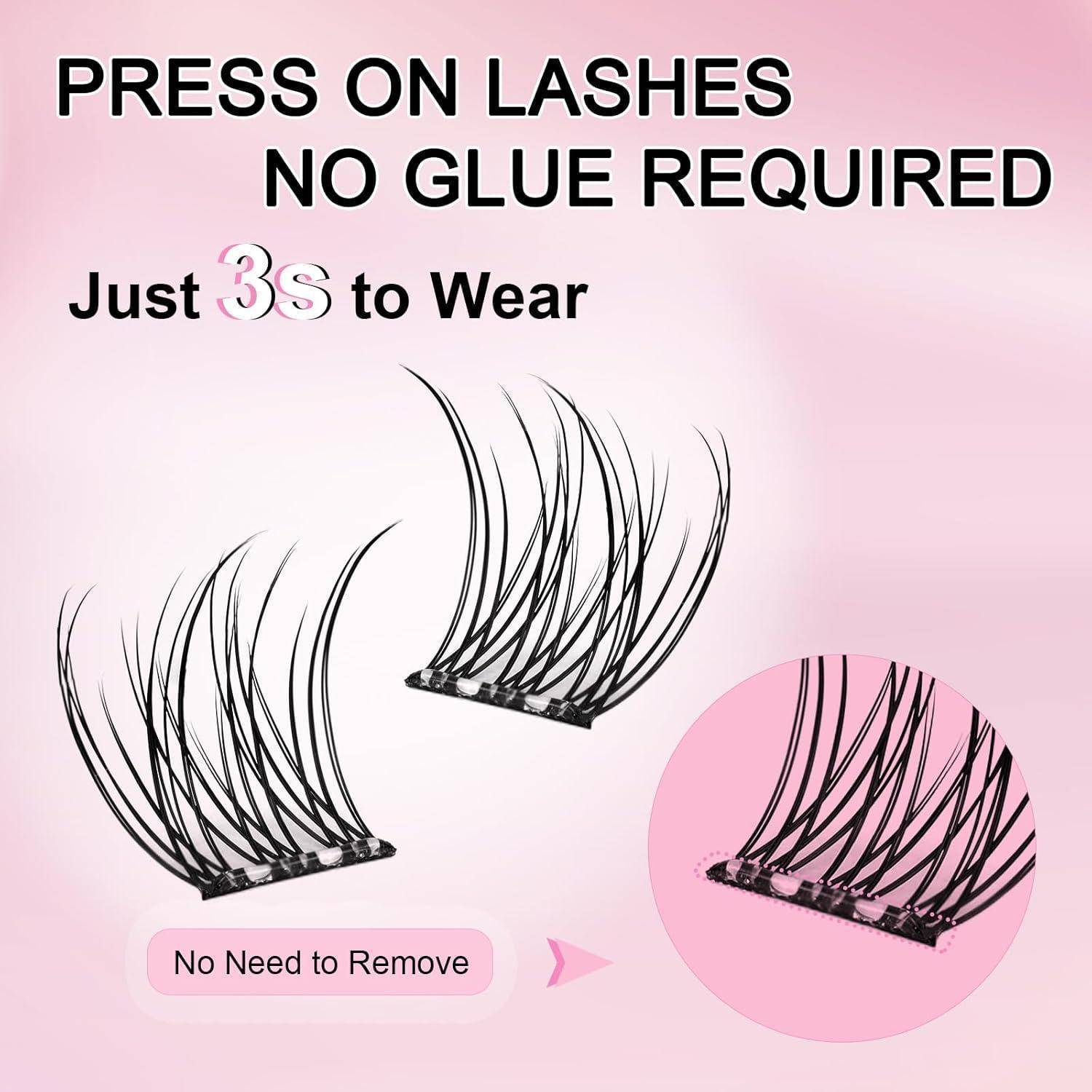 Werbebild für Wimpernstreifen zum Aufkleben mit der Aufschrift „PRESS ON LASHES KEIN KLEBER ERFORDERLICH