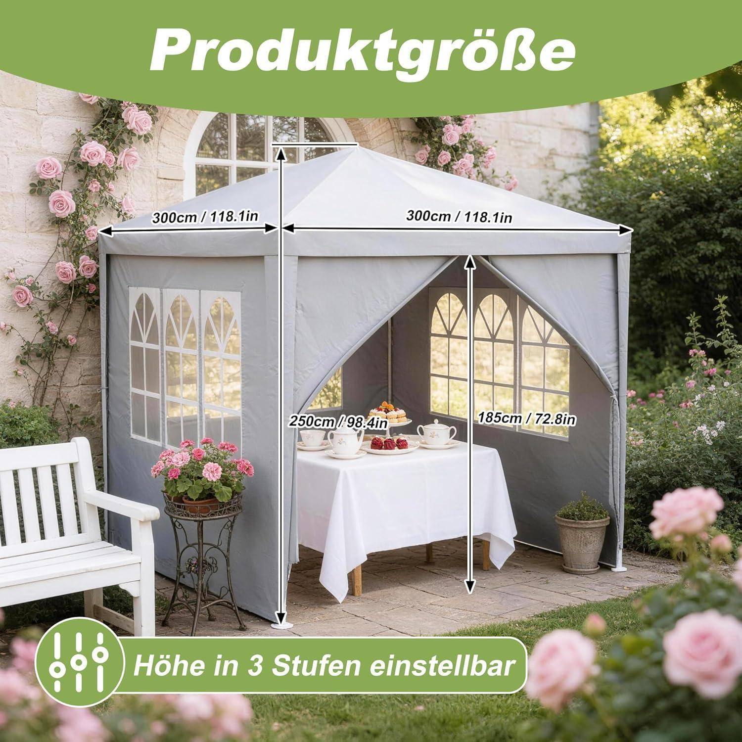 Produktgrößendiagramm eines Pop-Up-Gartenpavillon, das eine Breite von 300 cm, eine Höhe von 250 cm, eine Seitenhöhe von 185 cm und eine in 3 Stufen verstellbare Höhe zeigt.