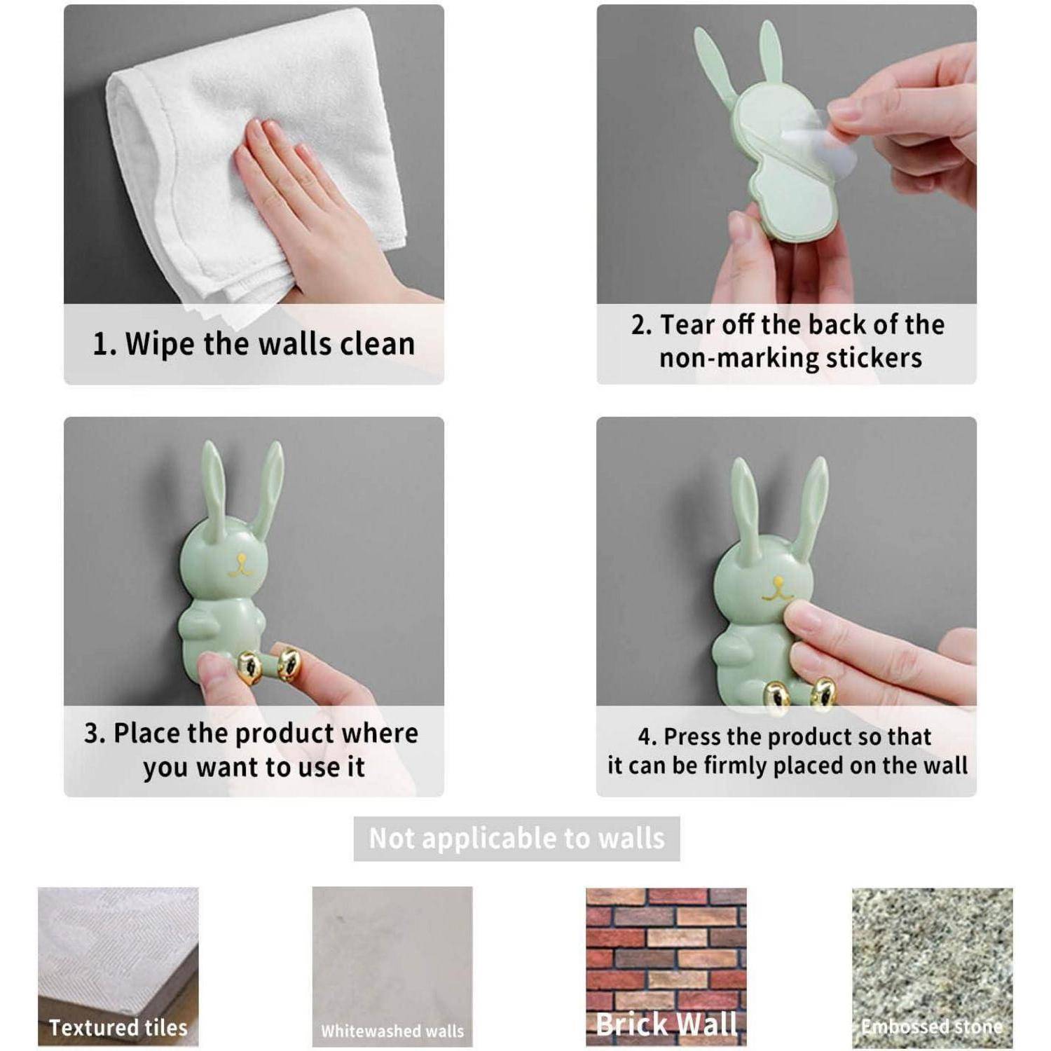 Anleitung zum Anbringen eines hasenförmigen Wandhakens: Wand abwischen und reinigen, Aufkleberschutzfolie entfernen, an der Wand anbringen und fest andrücken; geeignet für strukturierte Fliesen, kalkgewaschene Wände, Ziegelstein und strukturierte Steine.
