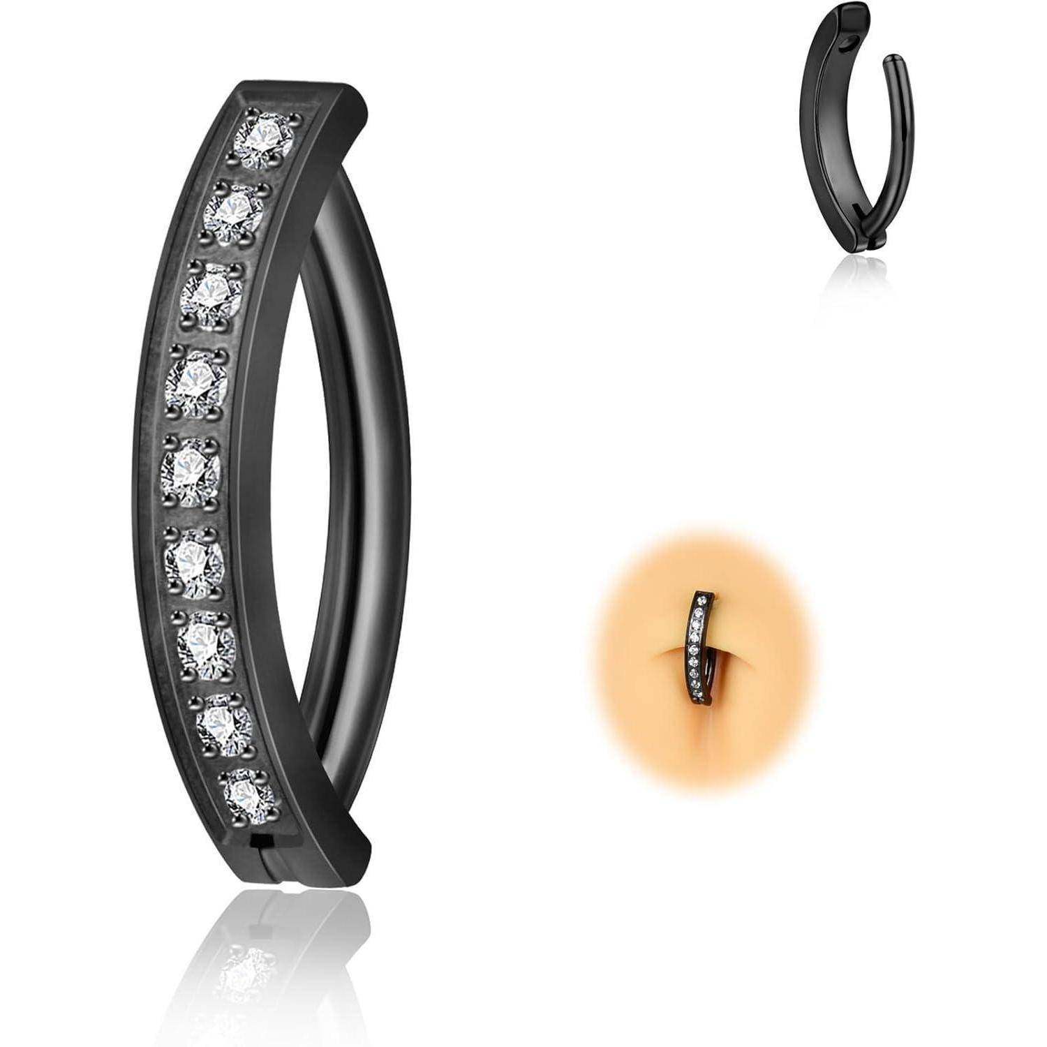 Schwarzer gebogener Reifenohring mit einer Reihe von klaren Steinen, groß auf Weiß dargestellt mit kleinen Detailaufnahmen des offenen Reifens und getragen am Ohr.
