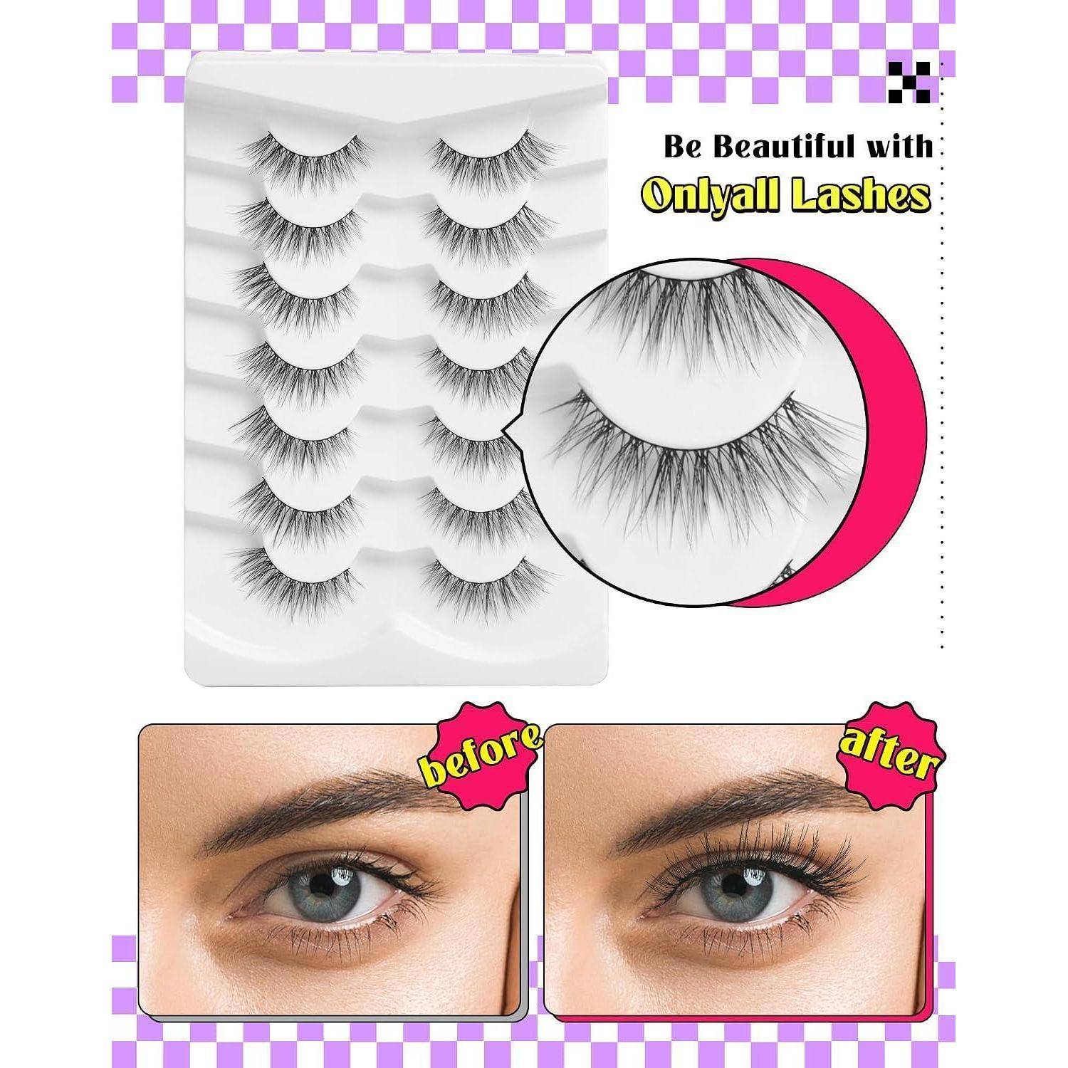 Werbebilder für Onlyall-Wimpern mit mehreren Stilen von künstlichen Wimpern, eine Nahaufnahme von Wimperndetails und Vorher-Nachher-Fotos von Augen, die vollere Wimpern zeigen.