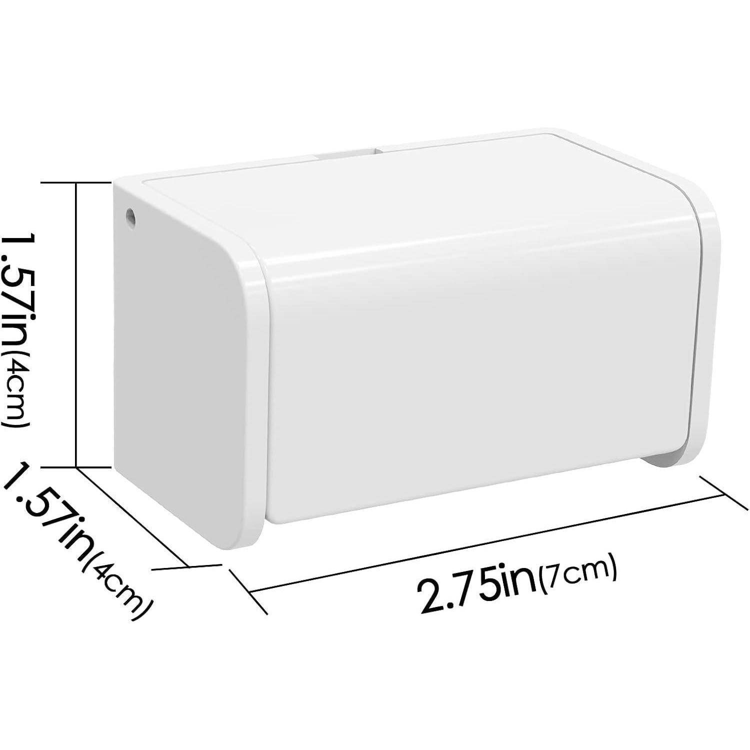 Weiße rechteckige, an der Wand montierte Vorrichtung mit abgerundeten Ecken, dargestellt mit den Abmessungen 2,75 x 1,57 x 1,57 Zoll (7 x 4 x 4 cm).